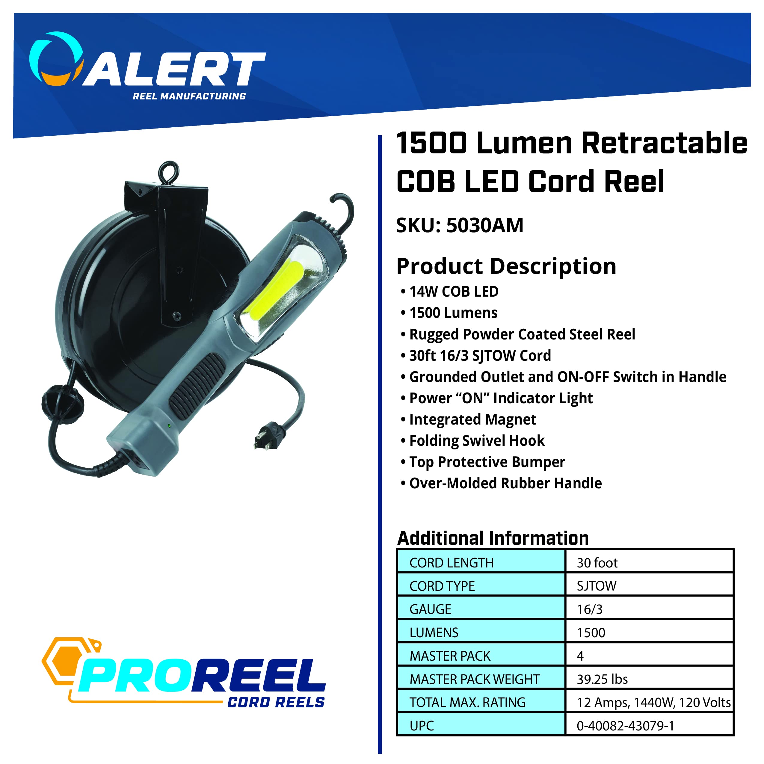 Alert Proreel 5030Am Retractable Cord Reel W/Led Work Light | 30' - 16/3 Sjtow Task Light Cord | 14W Led Shop Light Provides 1500 Lumens | Grounded Outlet With On/Off Handle Switch