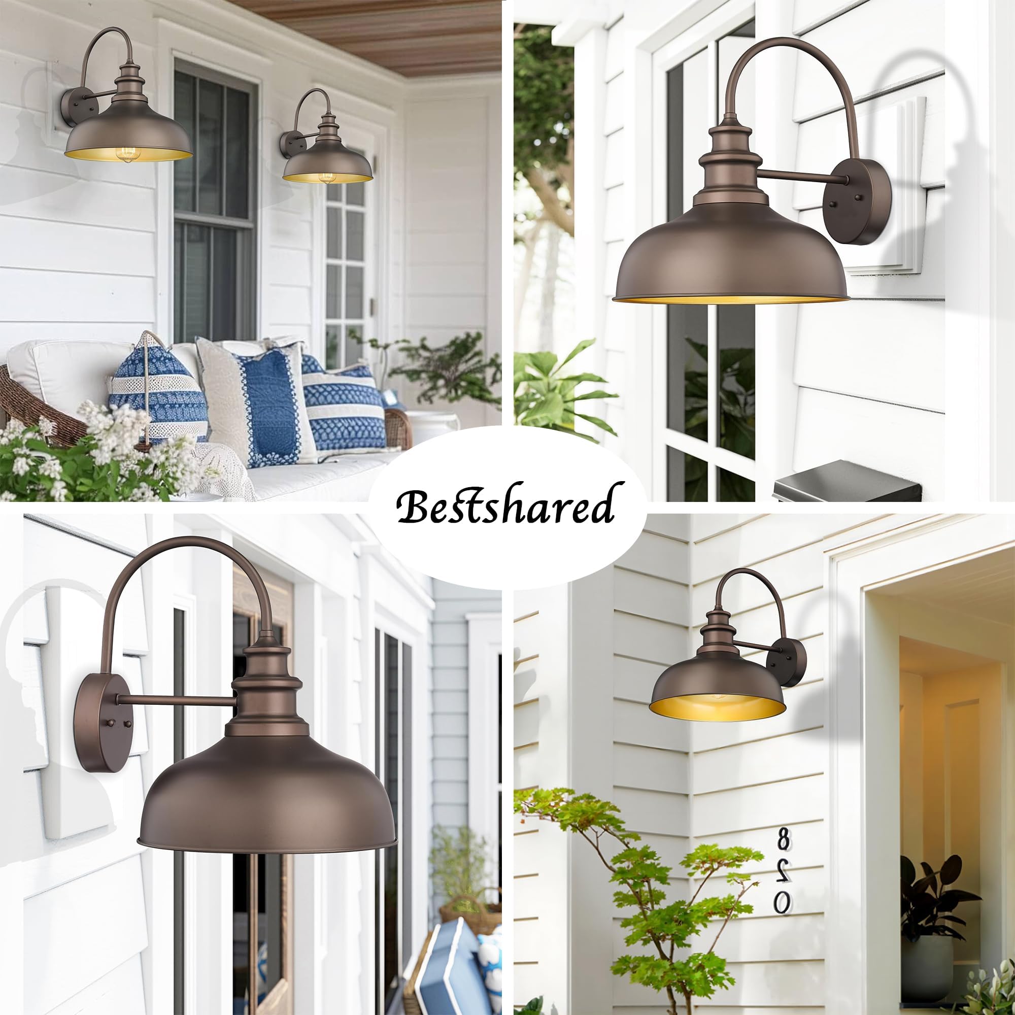 Bestshared Outdoor Gooseneck Barn Light Sconce, Vintage Metal Wall Lantern, ORB+Gold, 2-Pack, Model V260