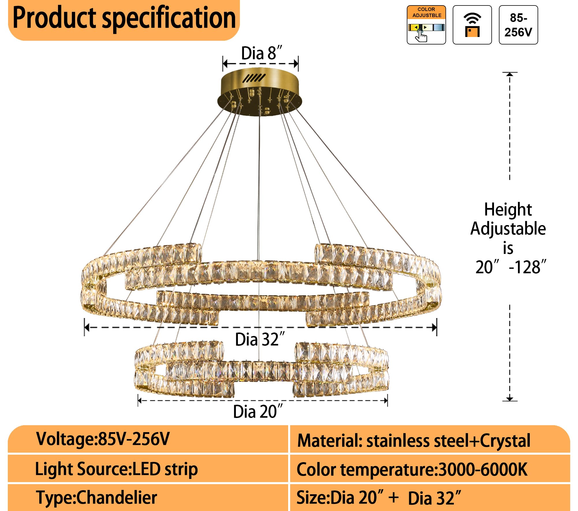 IDEQUY Modern Gold Crystal Chandeliers, D32''+D20'', LED Dimmable, Foyer Light, Model CF8014-48J