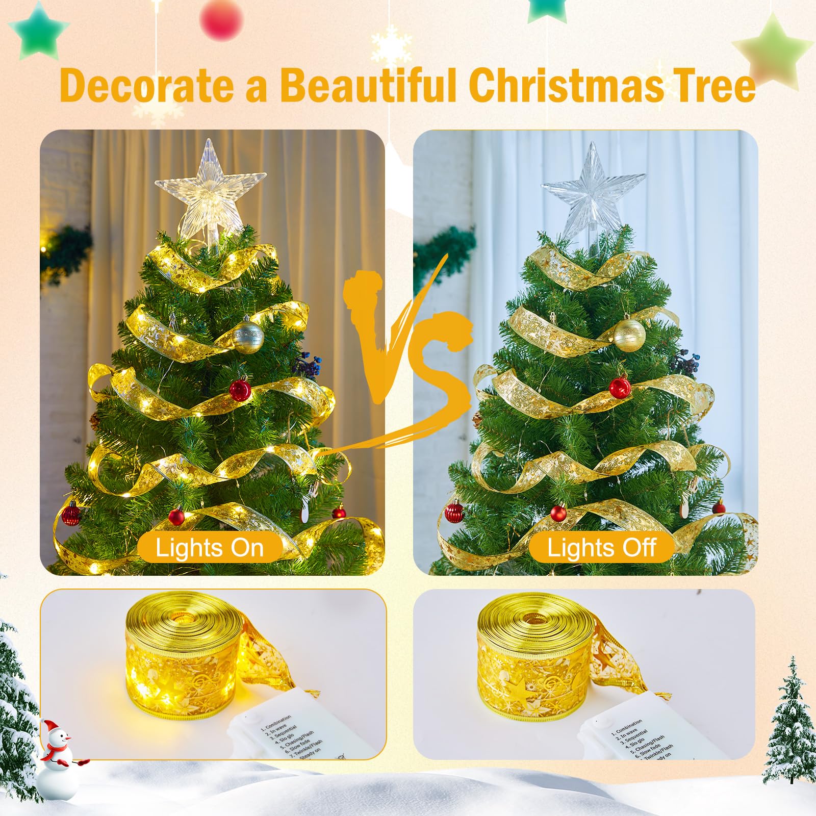 Minetom Christmas Tree Ribbon String Lights - 33Ft 100 Led Battery Powered Fairy Lights With Timer