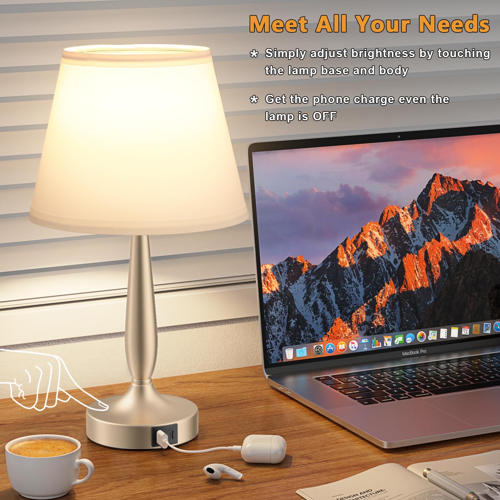 Kakanuo Touch Table Lamp - 3-Way Dimmable, USB C Charging, Small Nightstand Lamp, White Shade, Champagne Gold Base