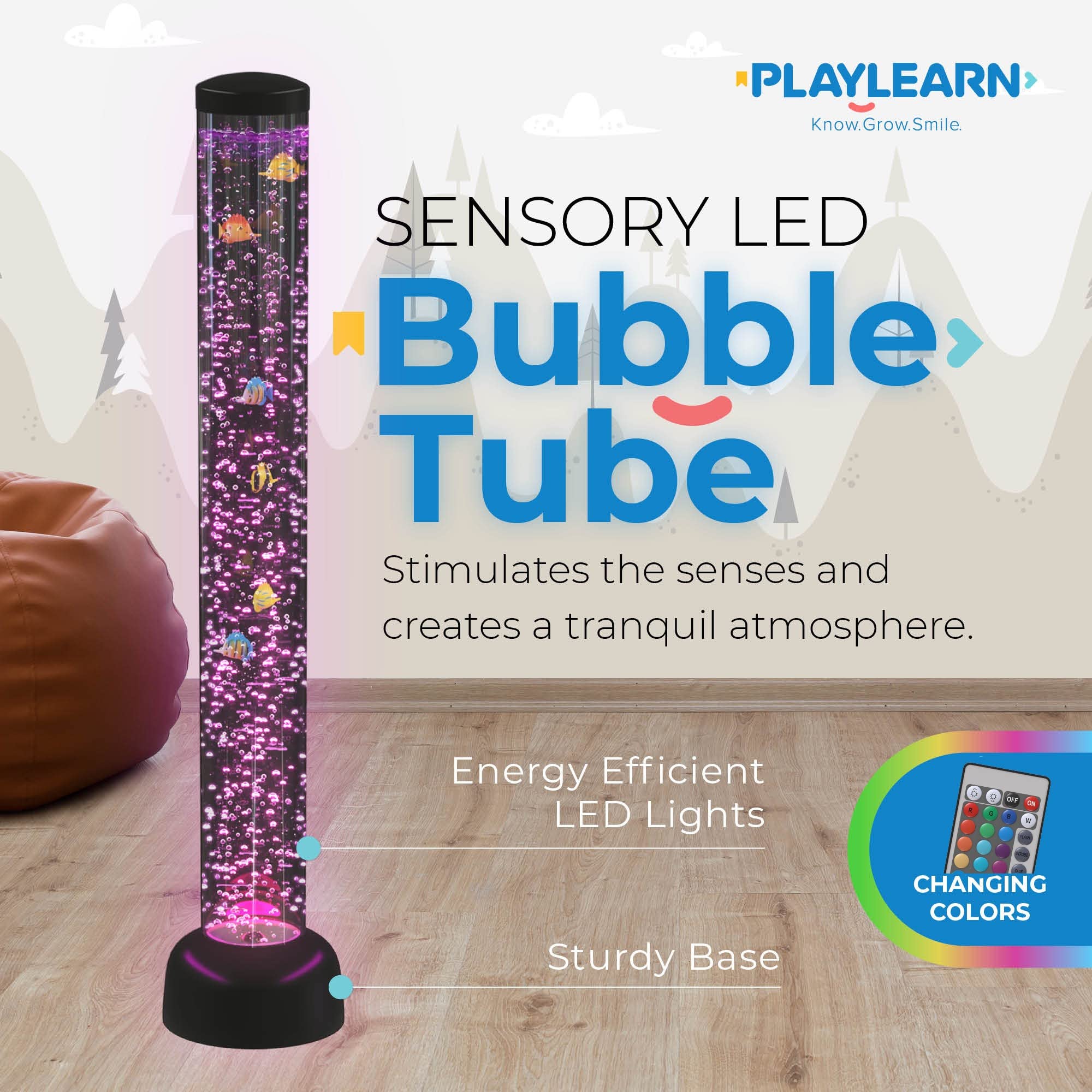Playlearn 3.3Ft Bubble Tube With Remote Control - 8 Fake Fish - Color Changing Led Lights - Sensory Bubble Lamp – Fake Fish Tank Floor Lamp