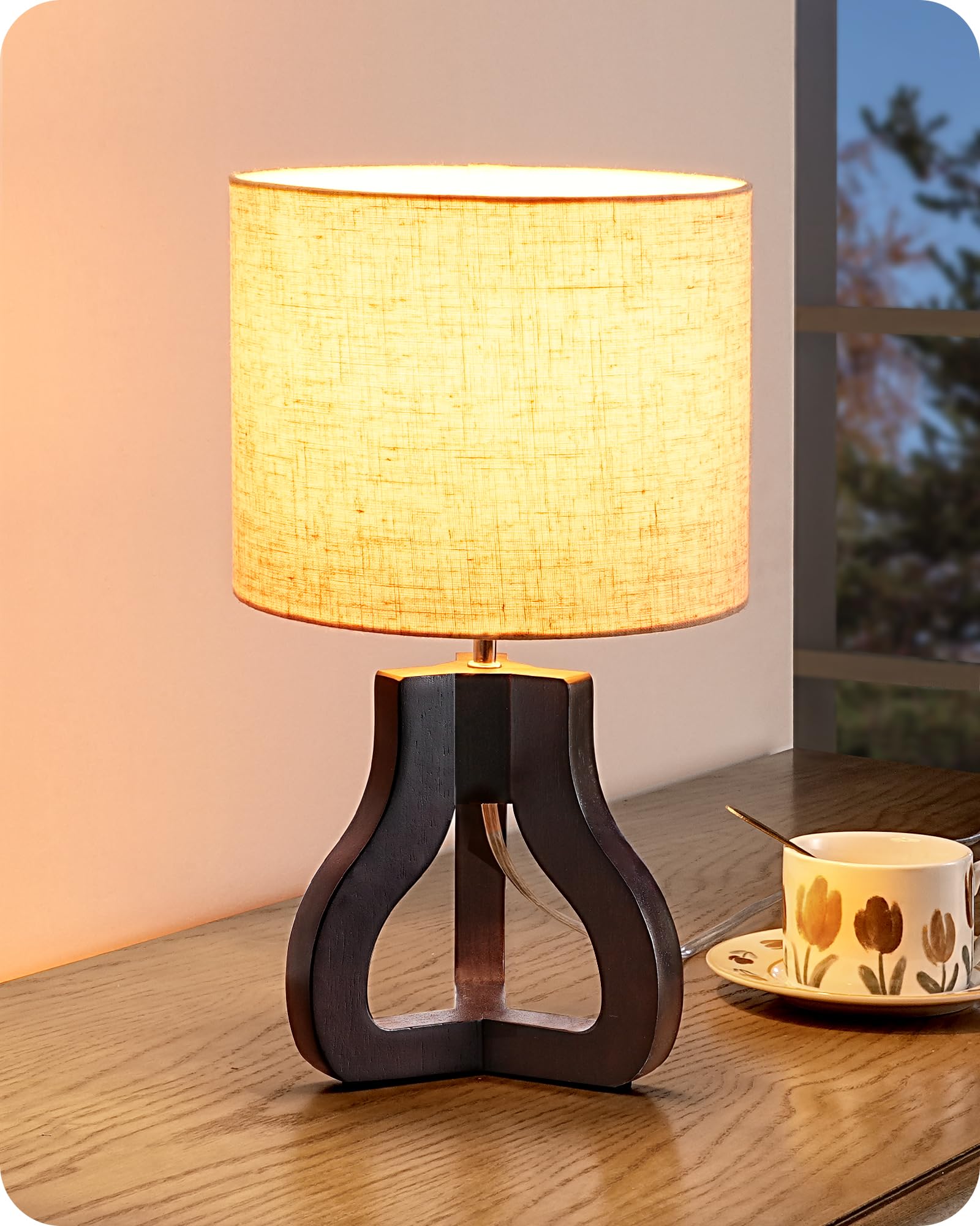 EDISHINE 14.6 Small Table Lamp, Walnut Wood Tripod Nightstand Lamp for Bedroom, Beige Linen Shade, Cute Bedside Lamp for Living 
