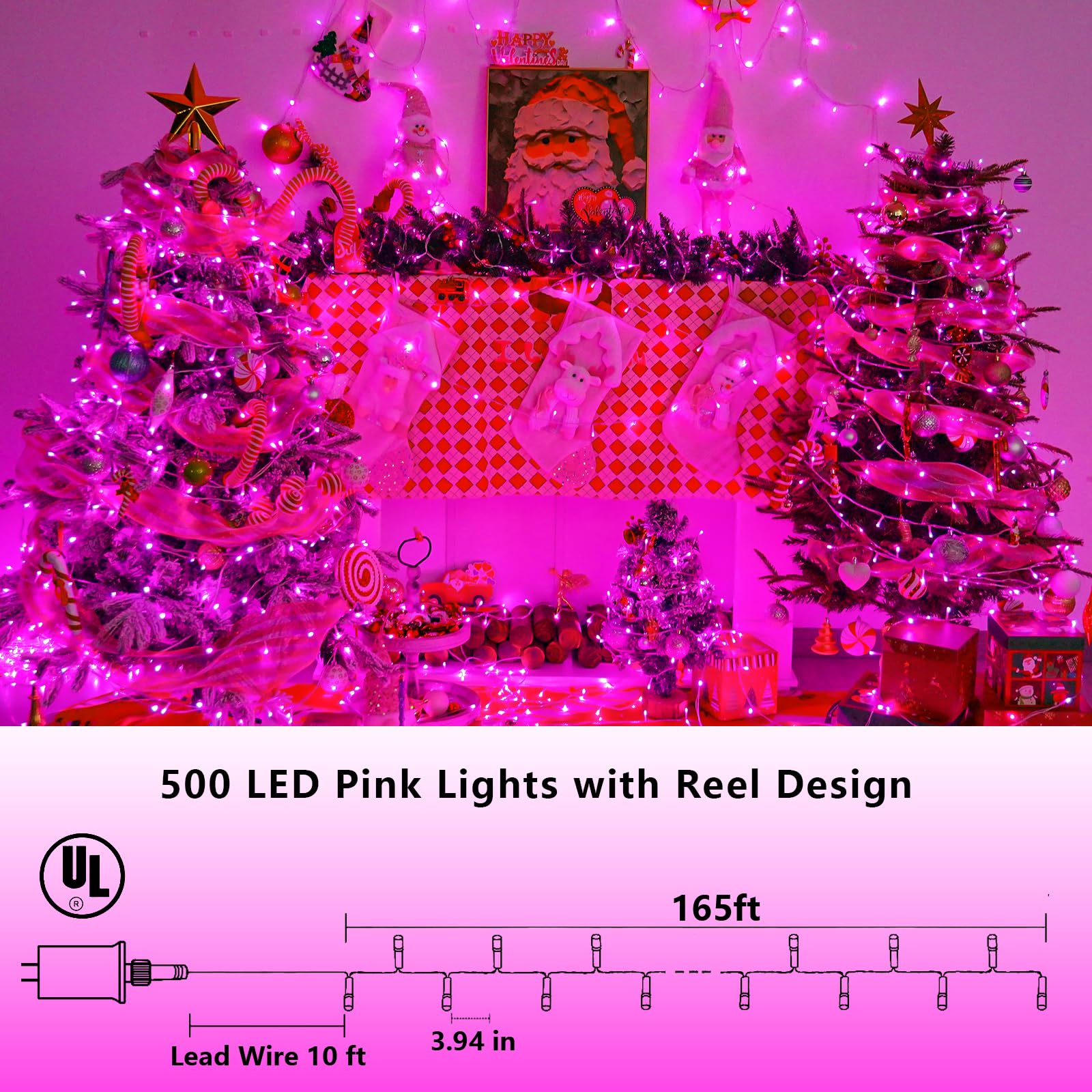 Yeguo Pink Christmas Lights Outdoor Waterproof  165Ft 500 Led String Lights Indoor  8 Modes Clear Wire Fairy Light Plug In For Party Tree Valentines Wedding