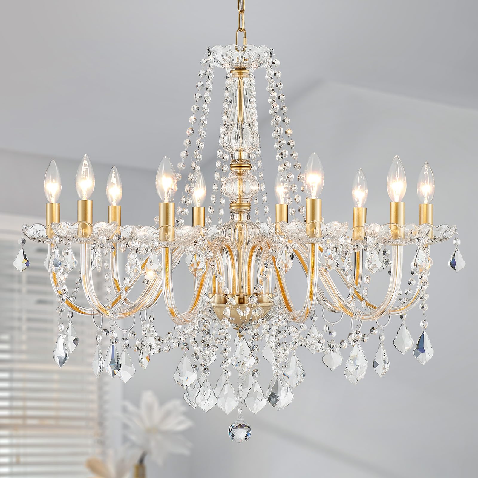 ANJIADENGSHI Large Crystal Chandelier, 10-Lights, Gold, 30.3in High x 26.8in Wide, Modern Design for Dining Room, Living Room,