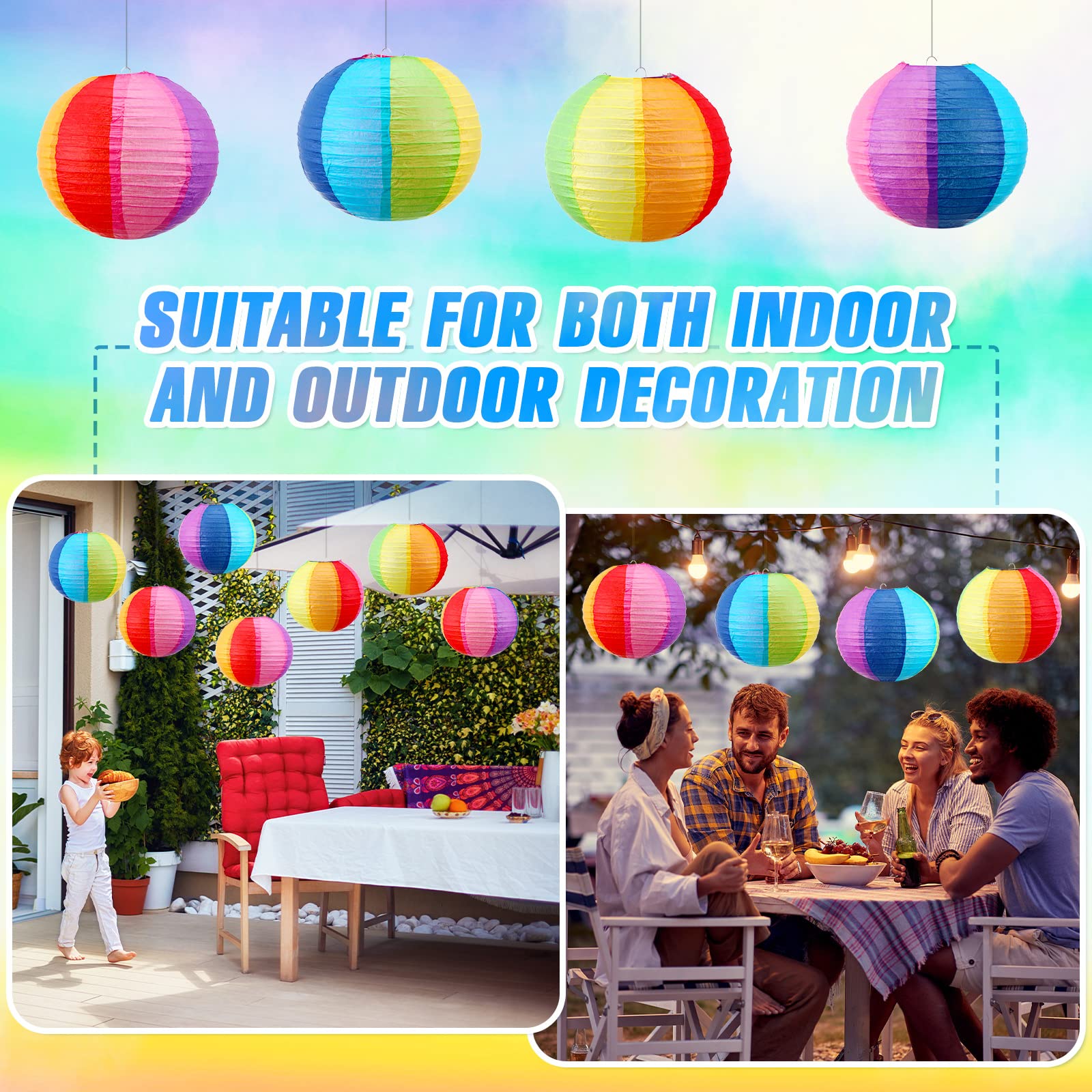 Treela 16 Pcs Rainbow Paper Lanterns 9.8 Inch Beach Ball Paperlanterns , Mexican Fiesta Party Decorations Summer Luau Themed Han