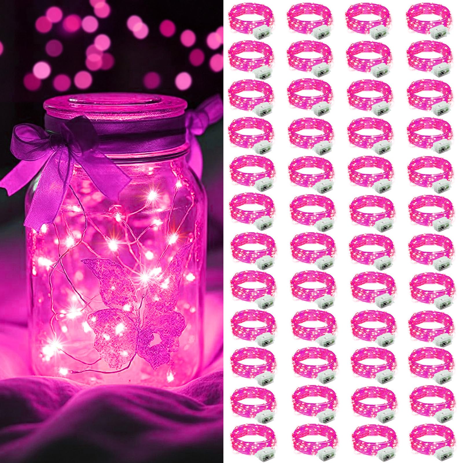 AIKEI 48 Pack LED Fairy Lights Battery Operated  String Lights Waterproof 7 Feet 20 Led Firefly Starry Lamps for Wedding Party Bedroom Garden Valentines Christmas Decoration Pink