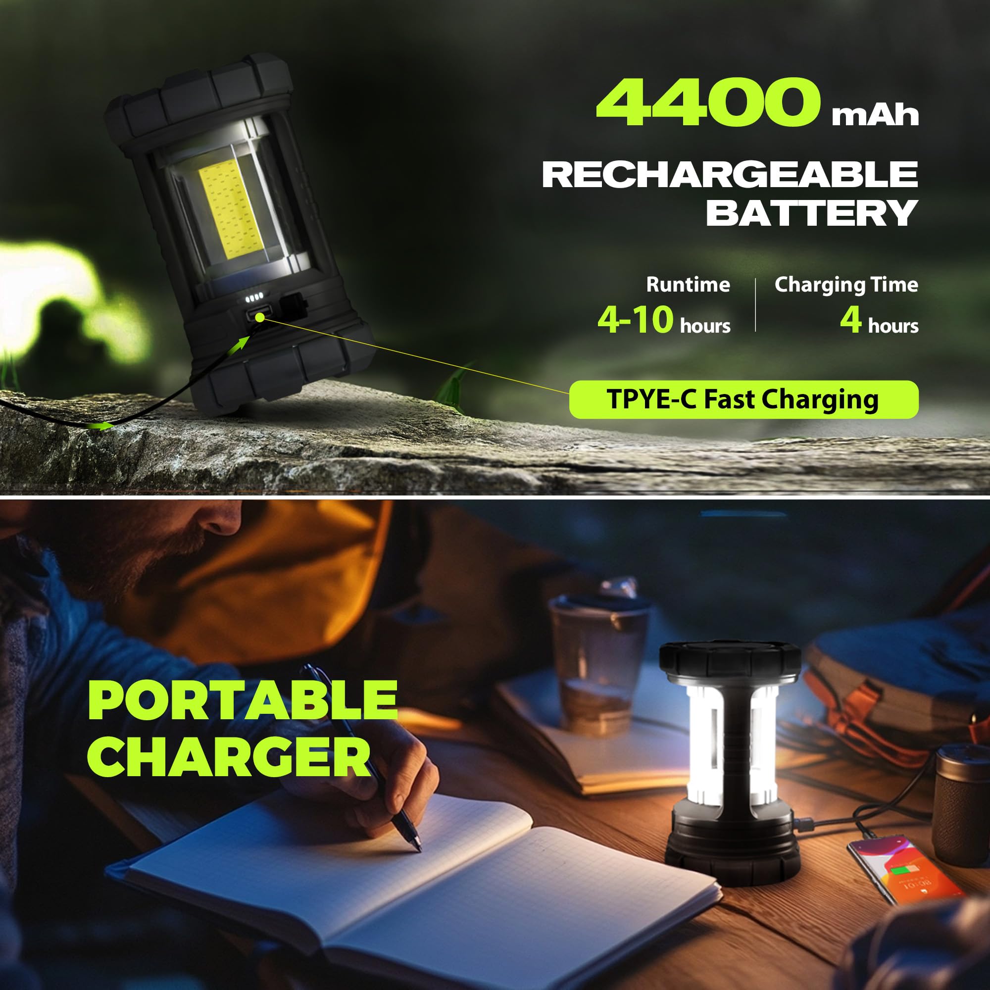 elesall LED Camping Lantern, 3000LM, Waterproof, 5 Light Modes, Rechargeable, ABS, Black, Model DA-Y-5231-6663