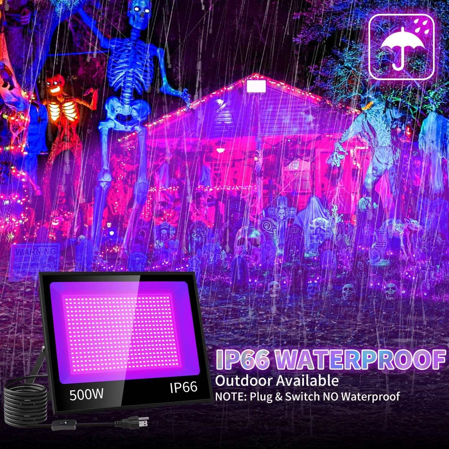 ISUERFY 500W LED Black Light Flood Light, IP66 Waterproof, 2 Pack, Aluminum, Ideal for Party, Gym, Halloween, Stage Lighting