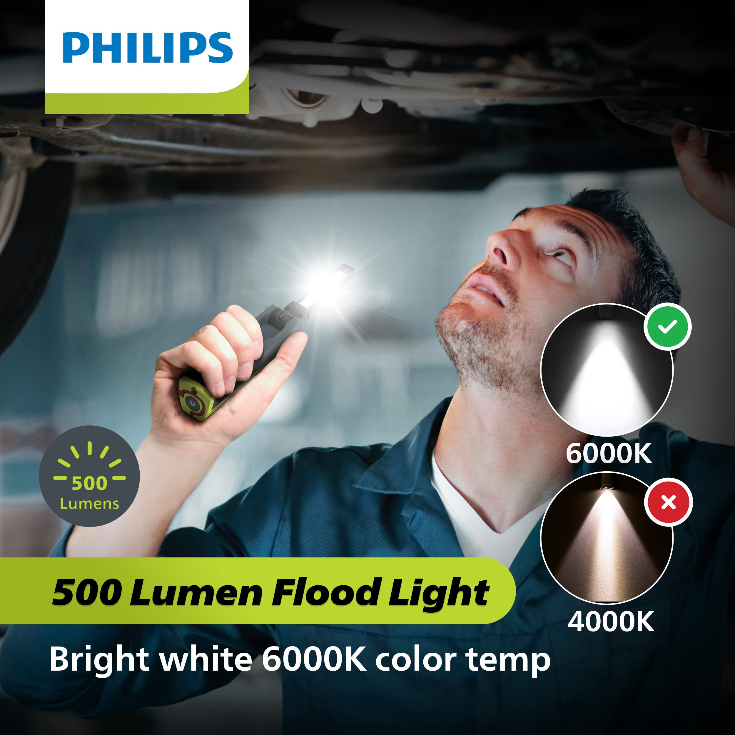 Philips Automotive Lighting Xperion 6000 Slim Rechargeable Led Work Light, 500 Lumen Professional Handheld Flashlight With Magnetic Base And Hanger Hook For Mechanics, Construction