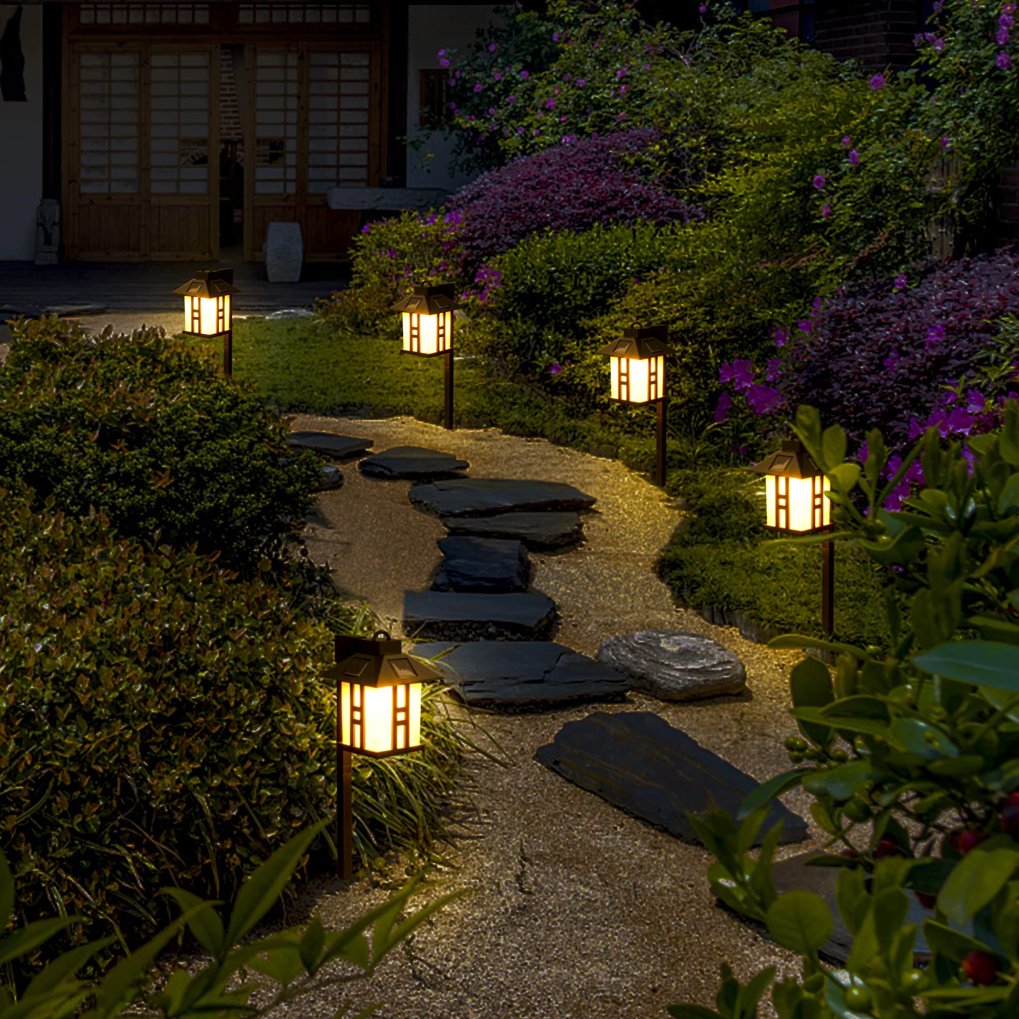 GIGALUMI Solar Pathway Lights, 4 Pack, Plastic, Model 6882, Japanese Decor for Lawn/Patio/Yard/Driveway