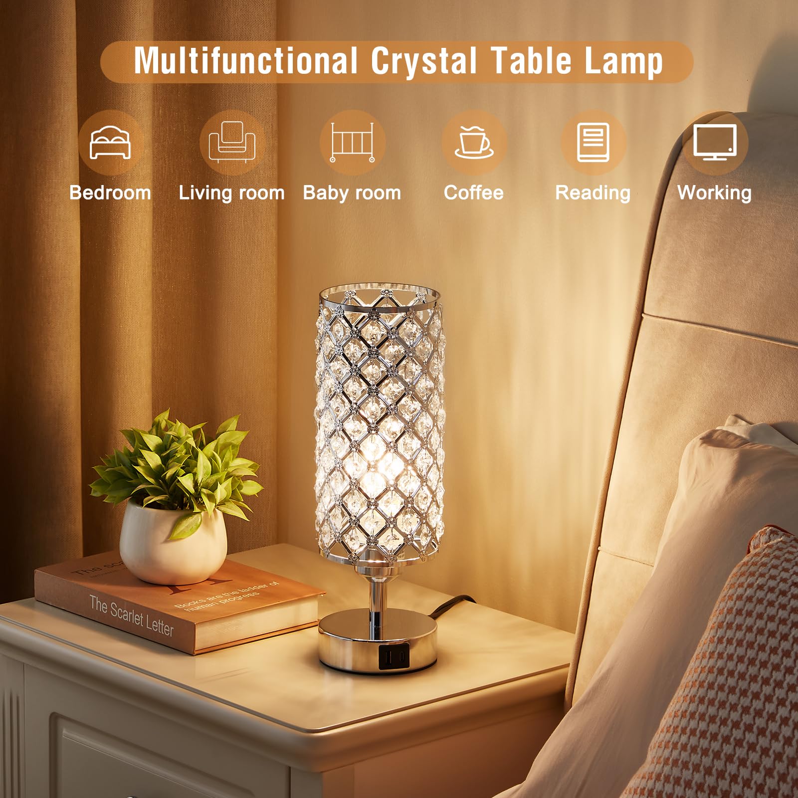 Crystal Touch Lamp With Touch Control, Sliver Table Lamp With Usb-C+A Ports, 3 Way Dimmable Bedside Lamp Decorative Modern Night