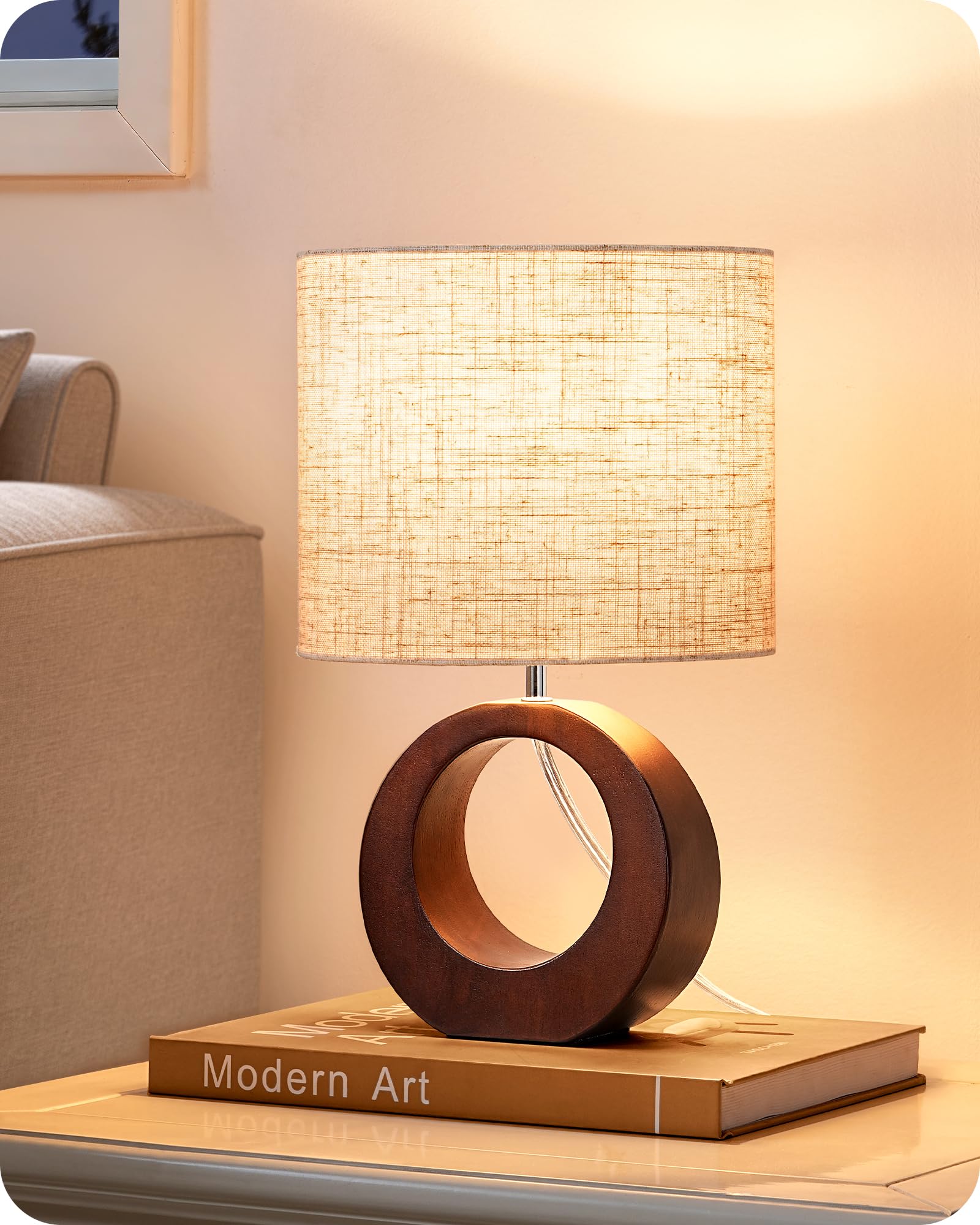EDISHINE 13.4 Samll Wood Table Lamp, Modern Bedside Lamp with Beige Linen Lampshade & ON-Off Switch, E26 Base, Nightstand Lamp f
