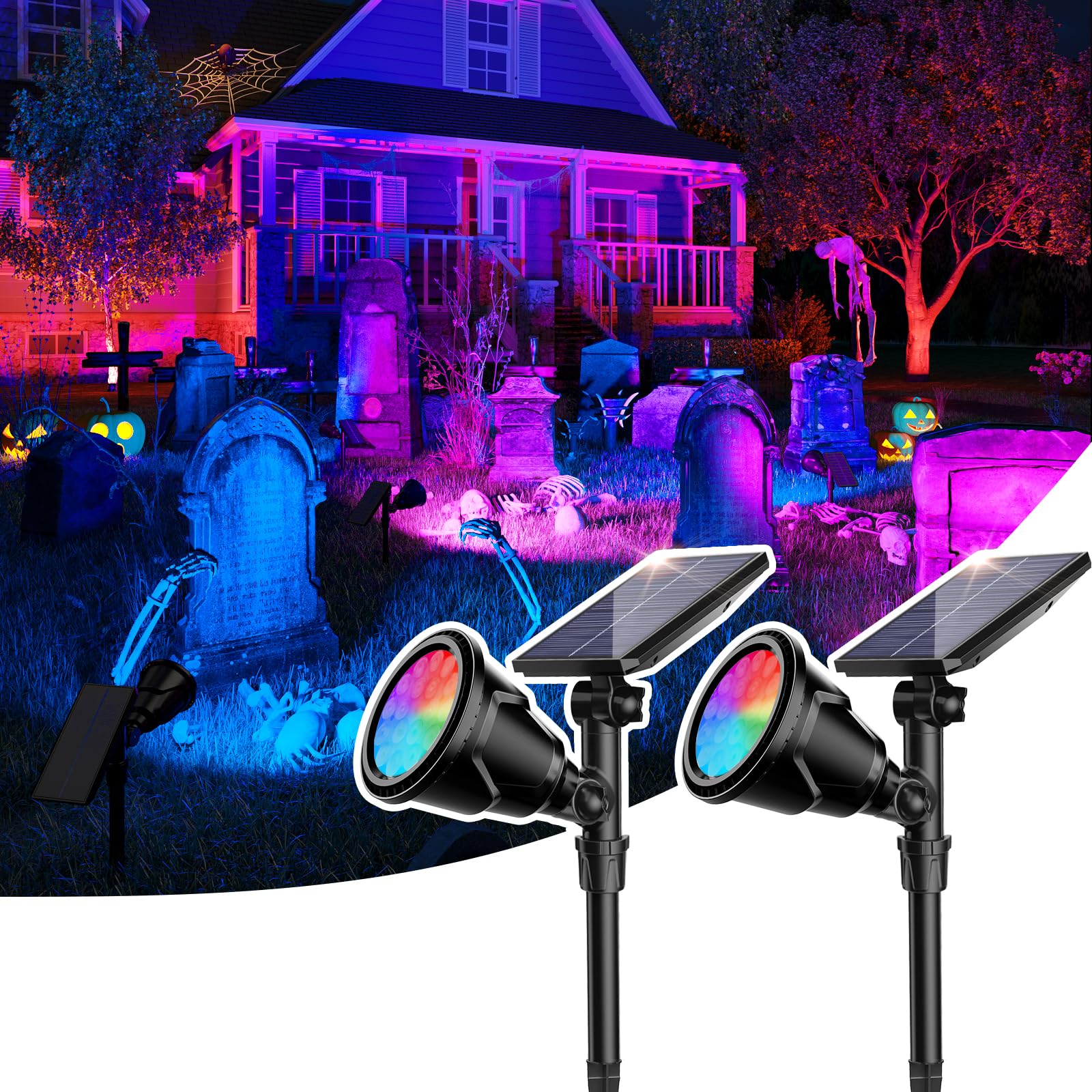 ROSHWEY Solar Spot Lights, 600LM Outdoor Landscape Lighting, Multicolor-2 Pack, Model DS-18, Waterproof for Garden, Patio, Pool