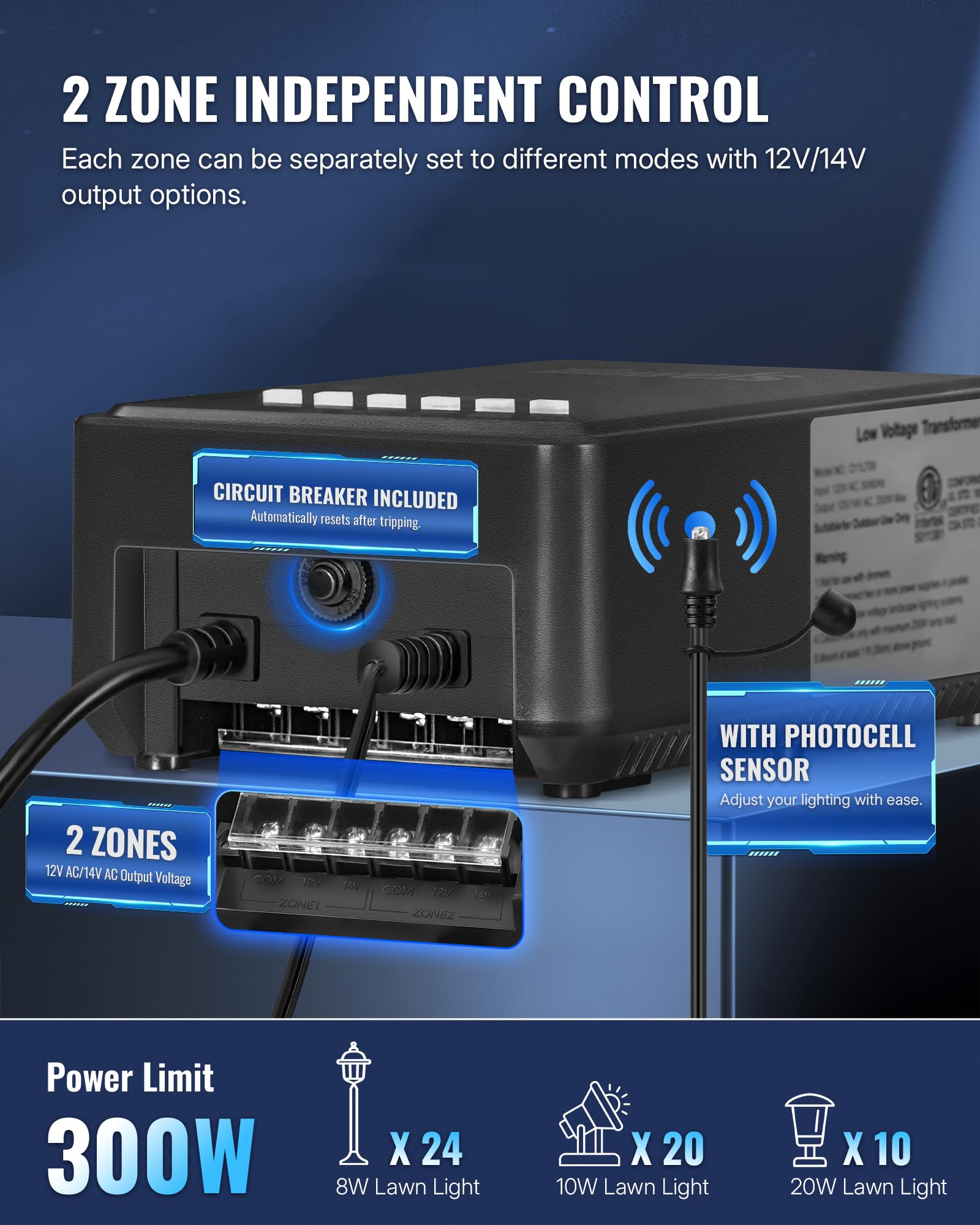 WILAWELS 300W Low Voltage Landscape Transformer, 2 Zone Control, 120VAC to 12/14V AC, Timer & Photocell Sensor, Black, Model D26LT