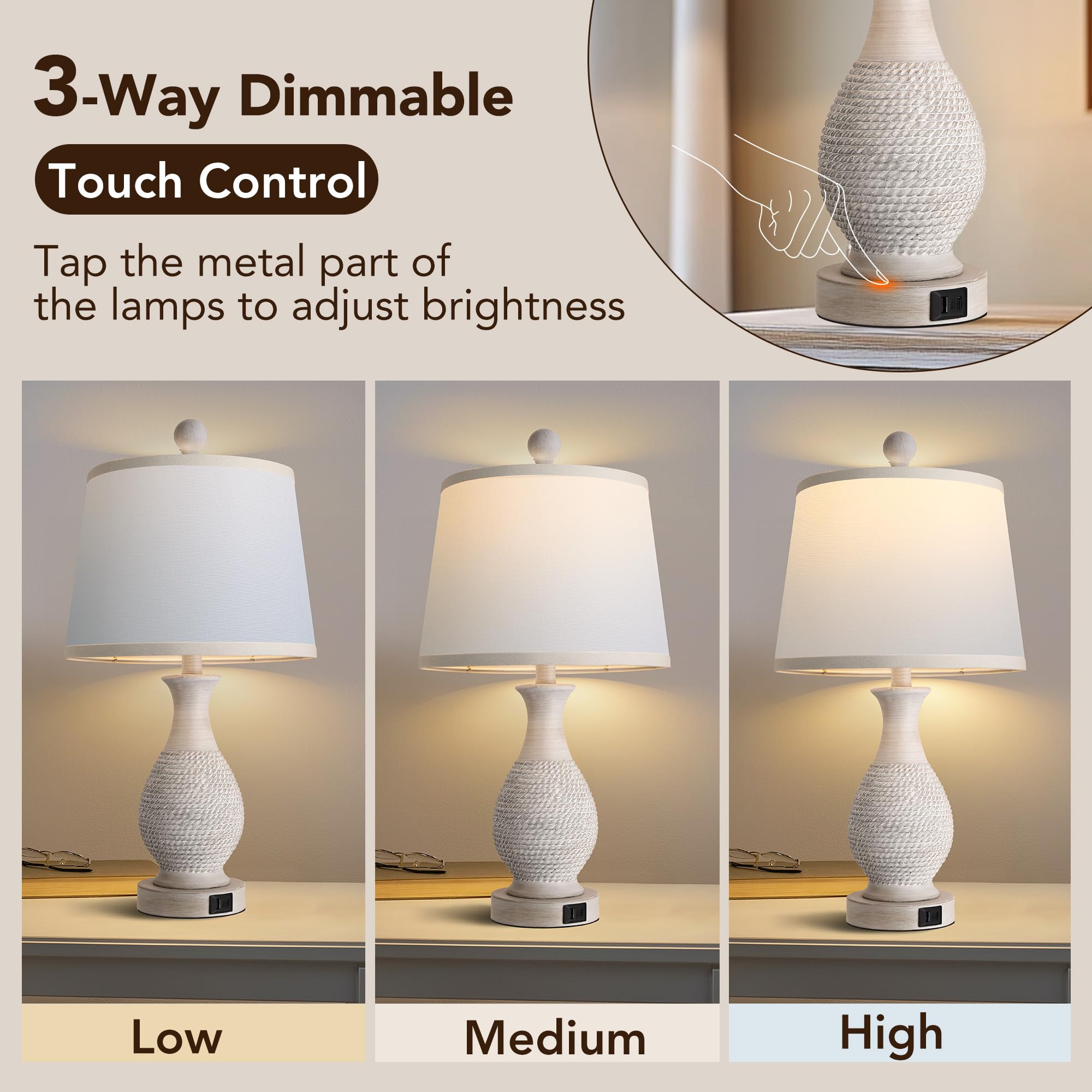 Partphoner Traditional Table Lamps Set Of 2, Bedside Touch Lamp With Usb C+A Charging Ports, Rustic Farmhouse Table Lamps For Li