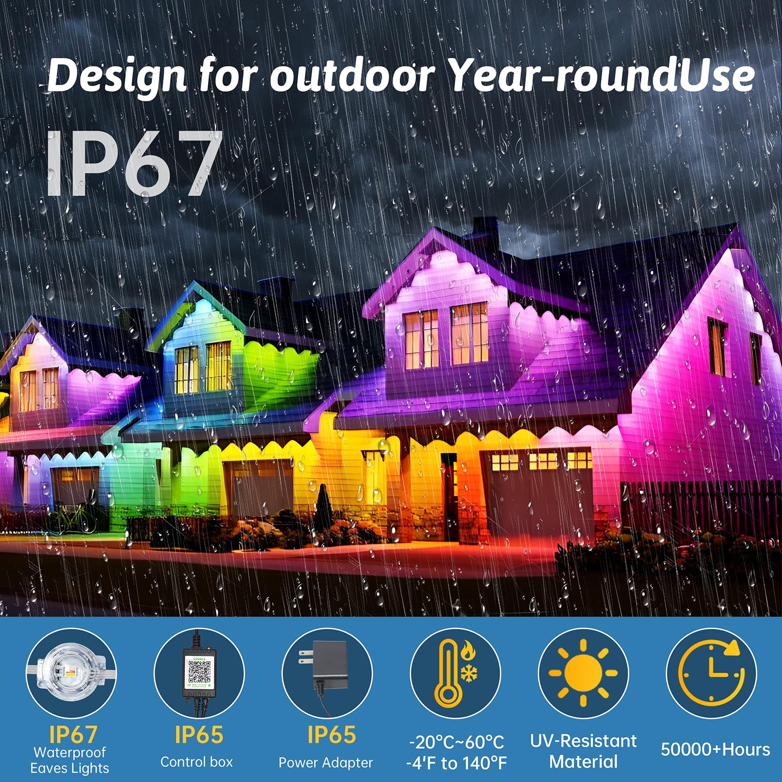 Logriw 500FT Outdoor RGB LED Lights, IP67 Waterproof, Remote Control, White, Model RFKJ0150
