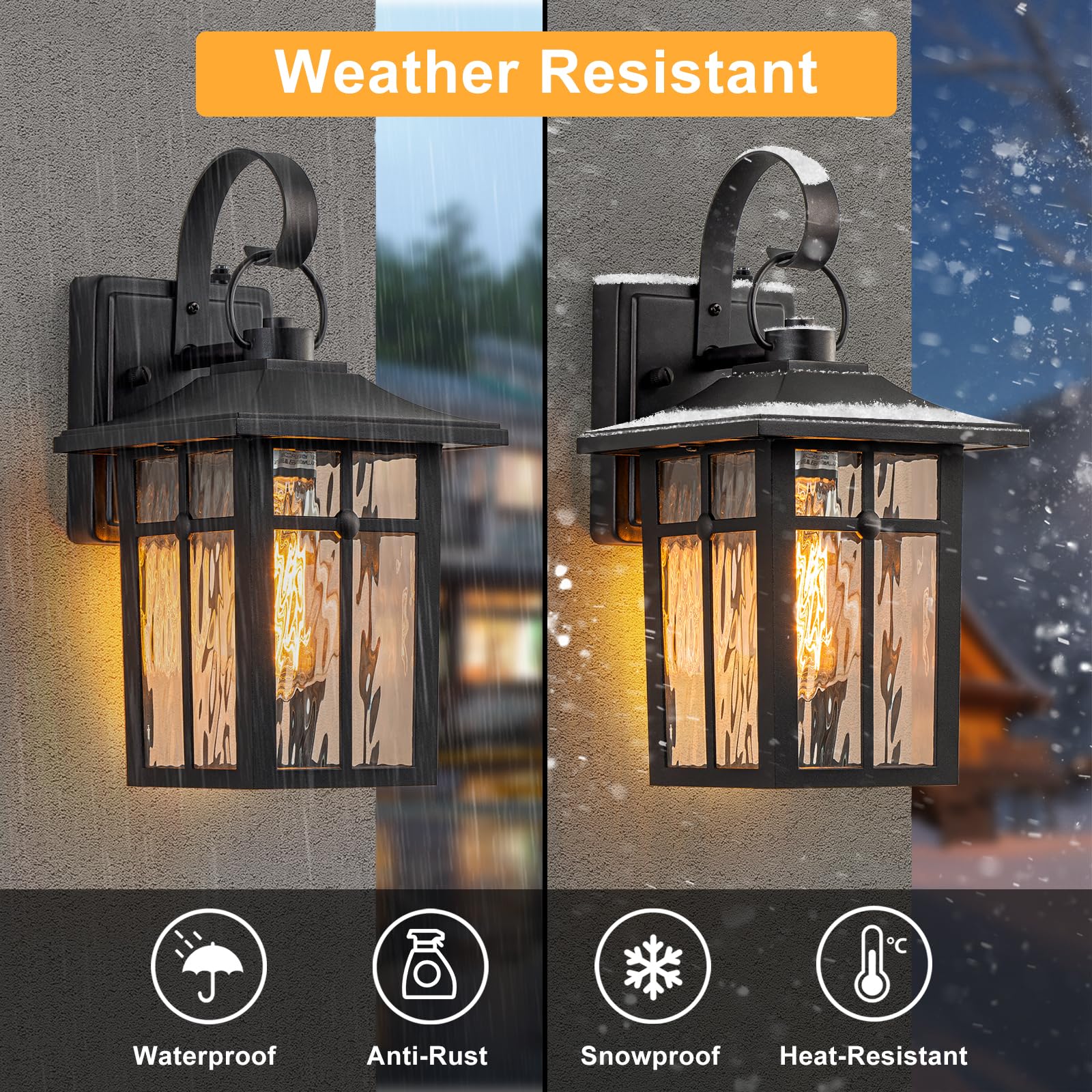 Lawyettle 2 Pack Dusk To Dawn Outdoor Wall Lights, Exterior Light Fixtures Wall Mount With Ripple Glass, Waterproof Black Porch Lights, Outside Wall Lantern For Entryway, Garage, Patio