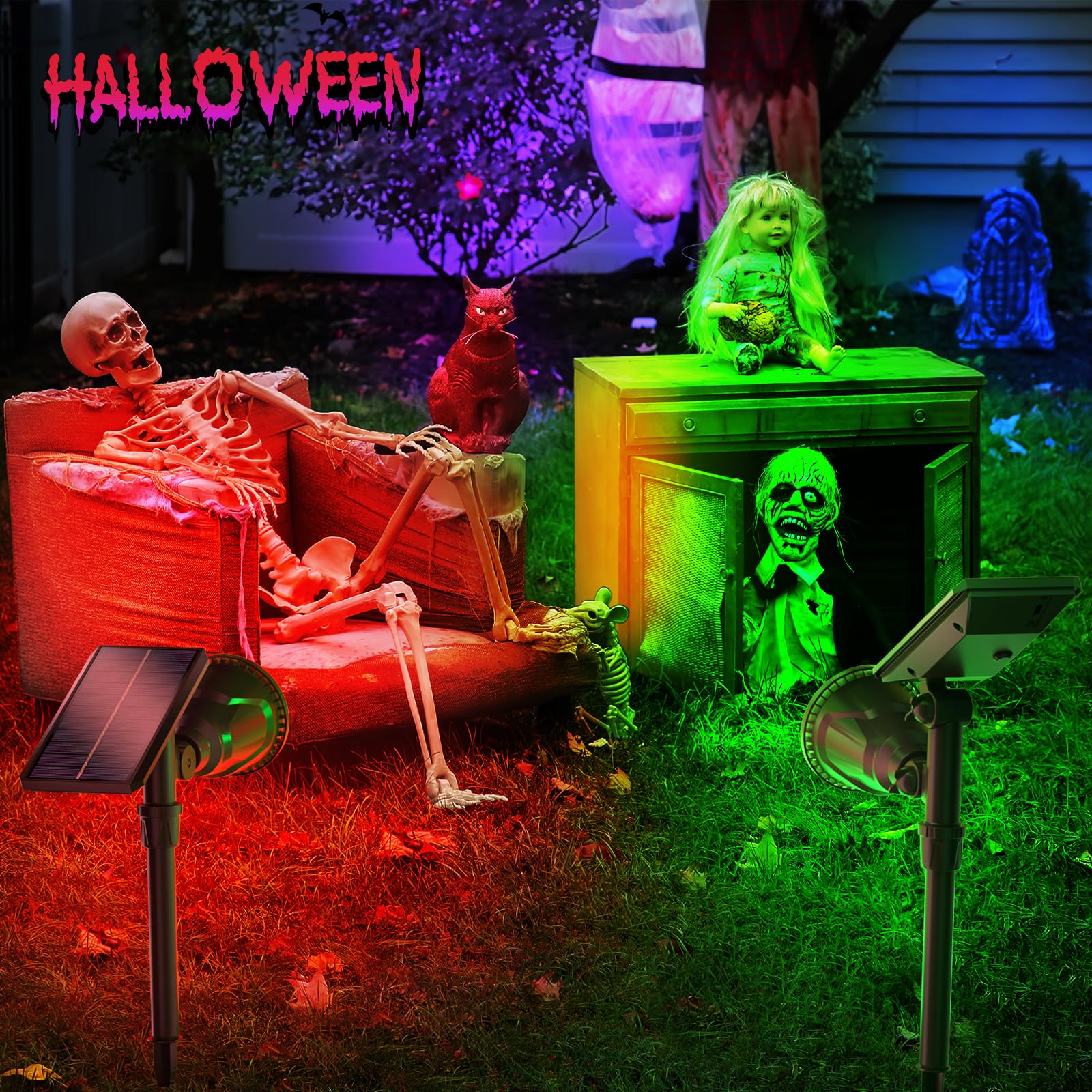 JSOT Solar Spot Lights, 2 Pack RGB Color Changing, Waterproof Uplighting, Model 6D-RGB, for Yard, Walkway, Tree, Lawn
