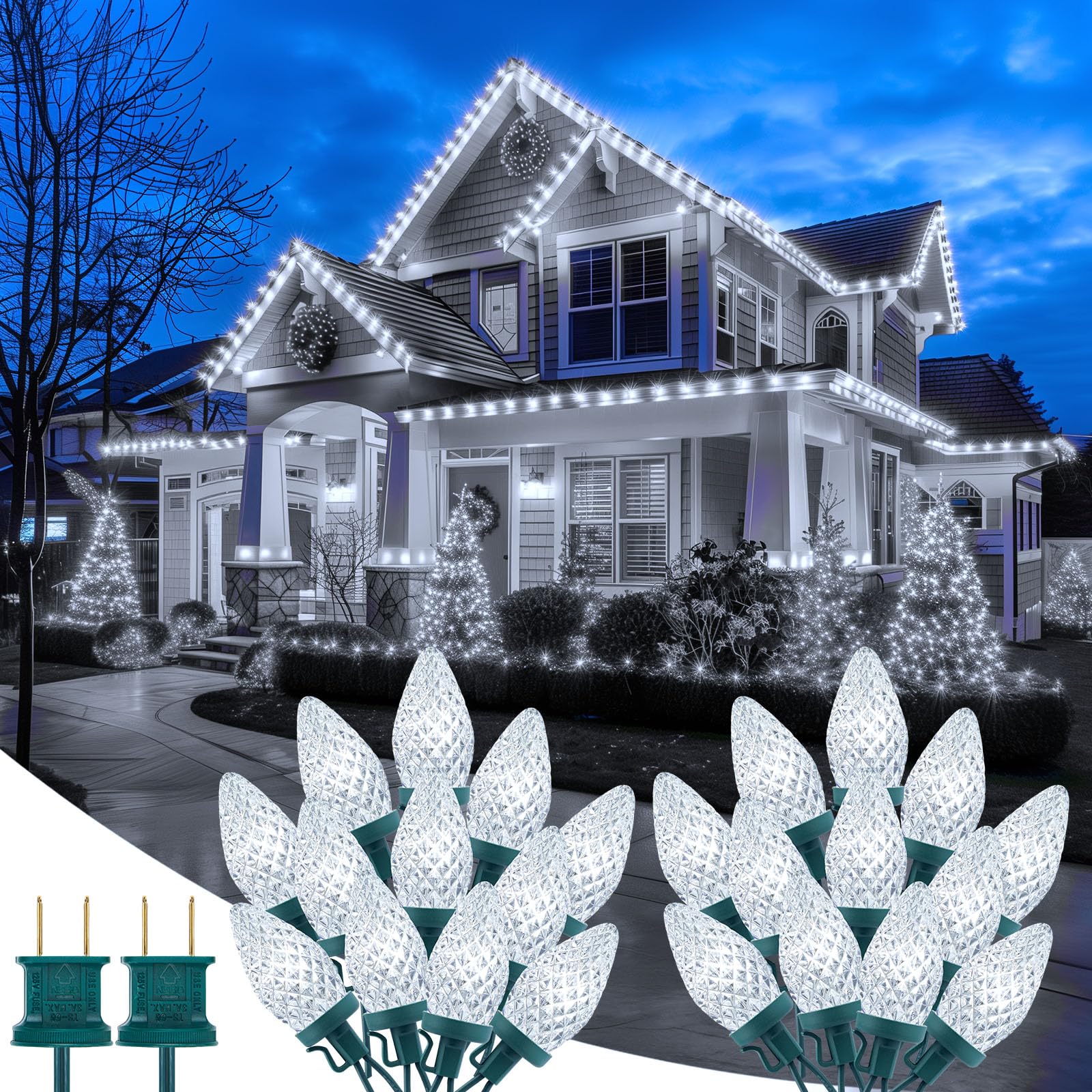 Brightown 2 Pack Total 132ft 200LED Outdoor C9 LED Christmas String Lights, Plug-in Connectable Waterproof Roofline String Light