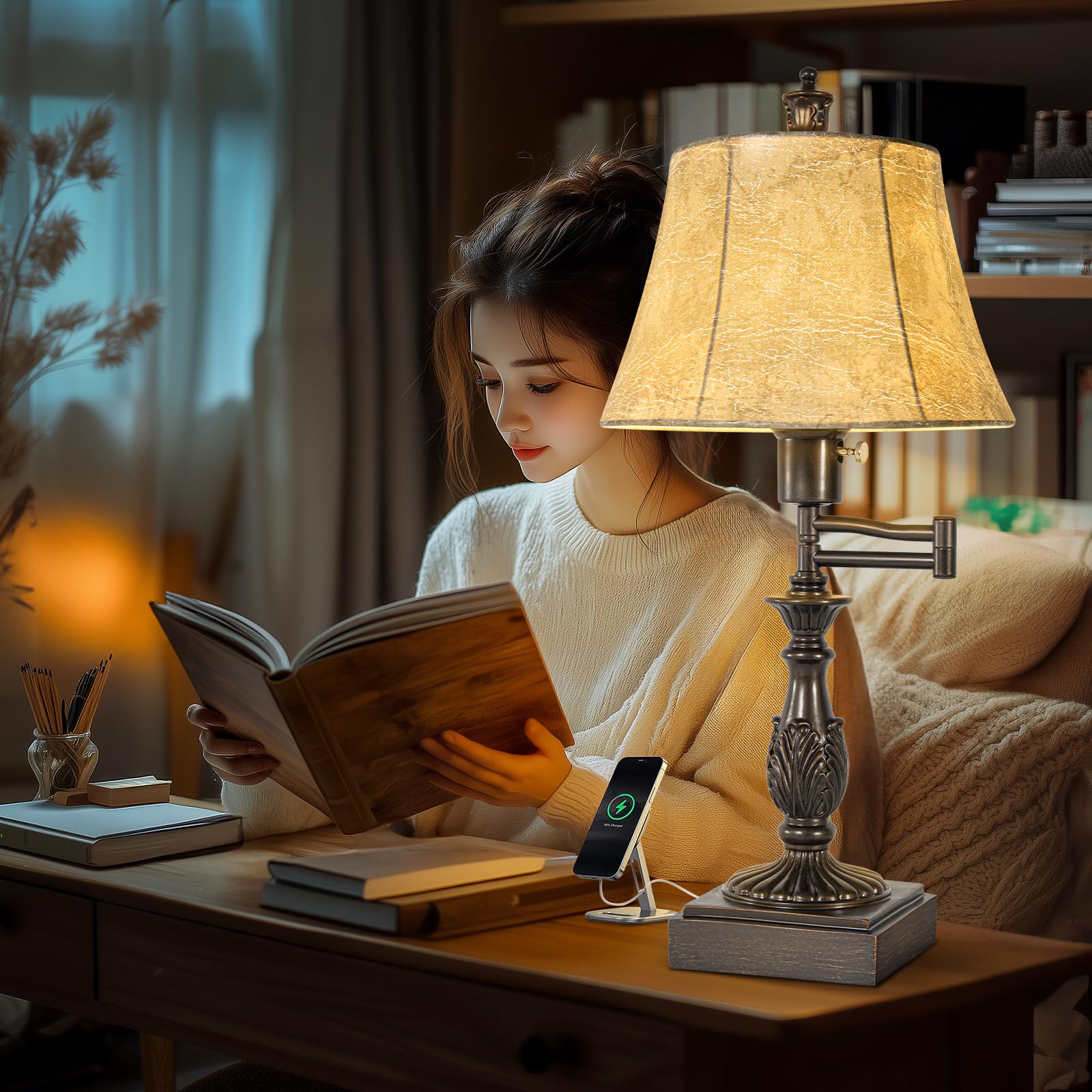 Scenekoy 23.5" Rustic Adjustable Swing Arm Table Lamp Set of 2 with USB Ports, Brown Faux Leather Shade, Model SL016-2