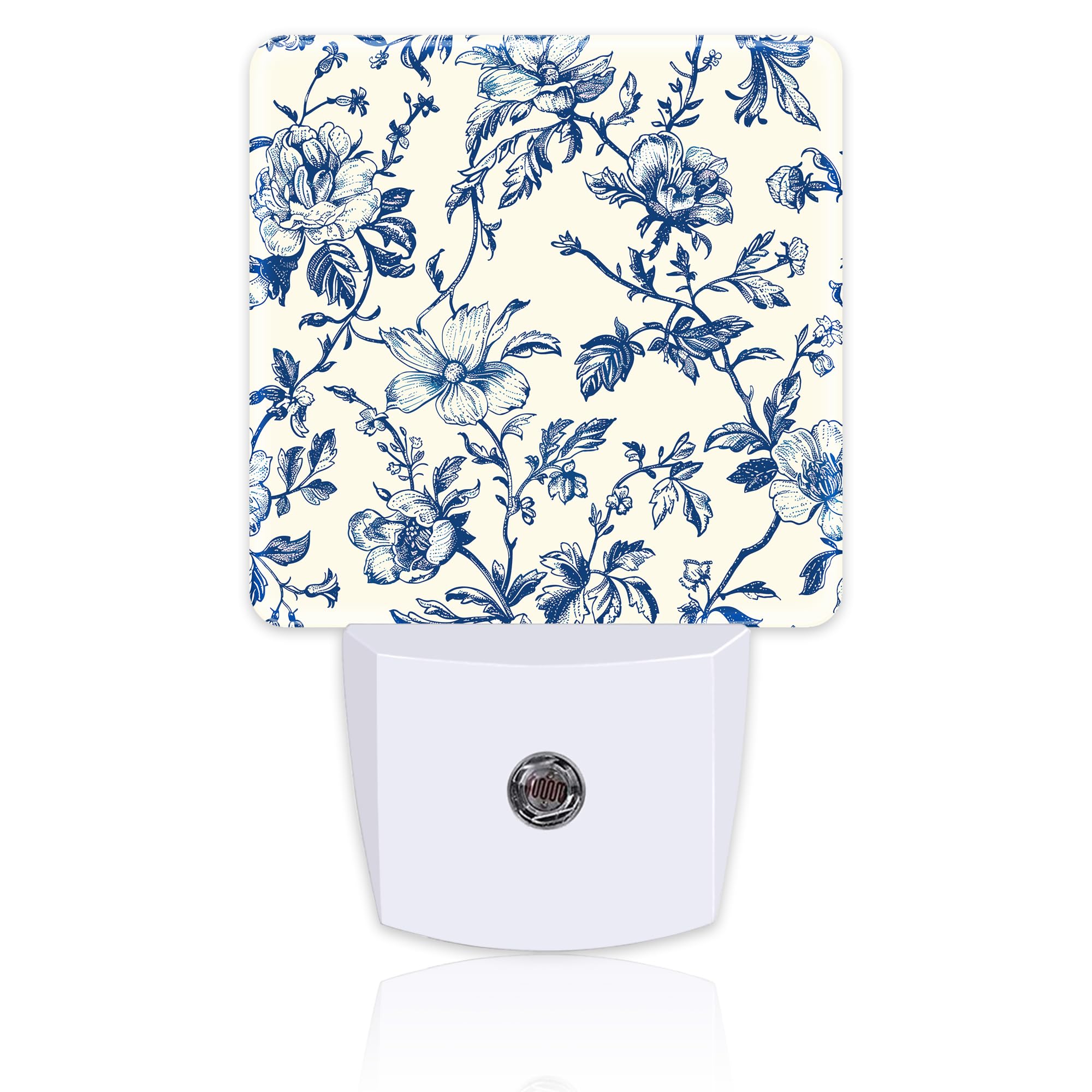 sndheke Vintage Blue Flowers Night Light, Abstract Botanical Floral Leaves Dusk to Dawn Night Light Plug in, 0.5w Energy Saving 