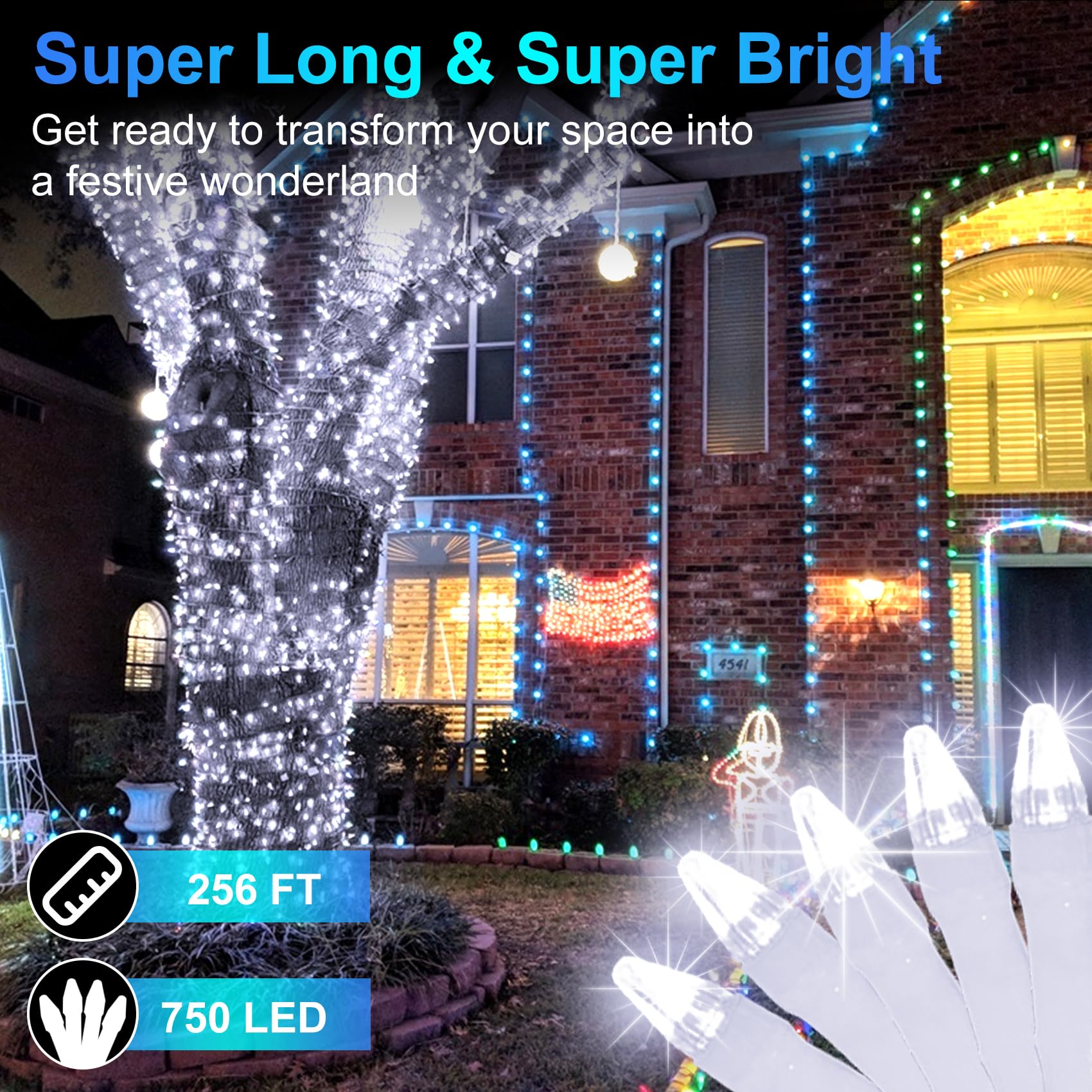 WUXYIYANG 750 LED Christmas String Lights, 256FT, Cool White, 8 Modes, Timer, Waterproof, Model WX-750L