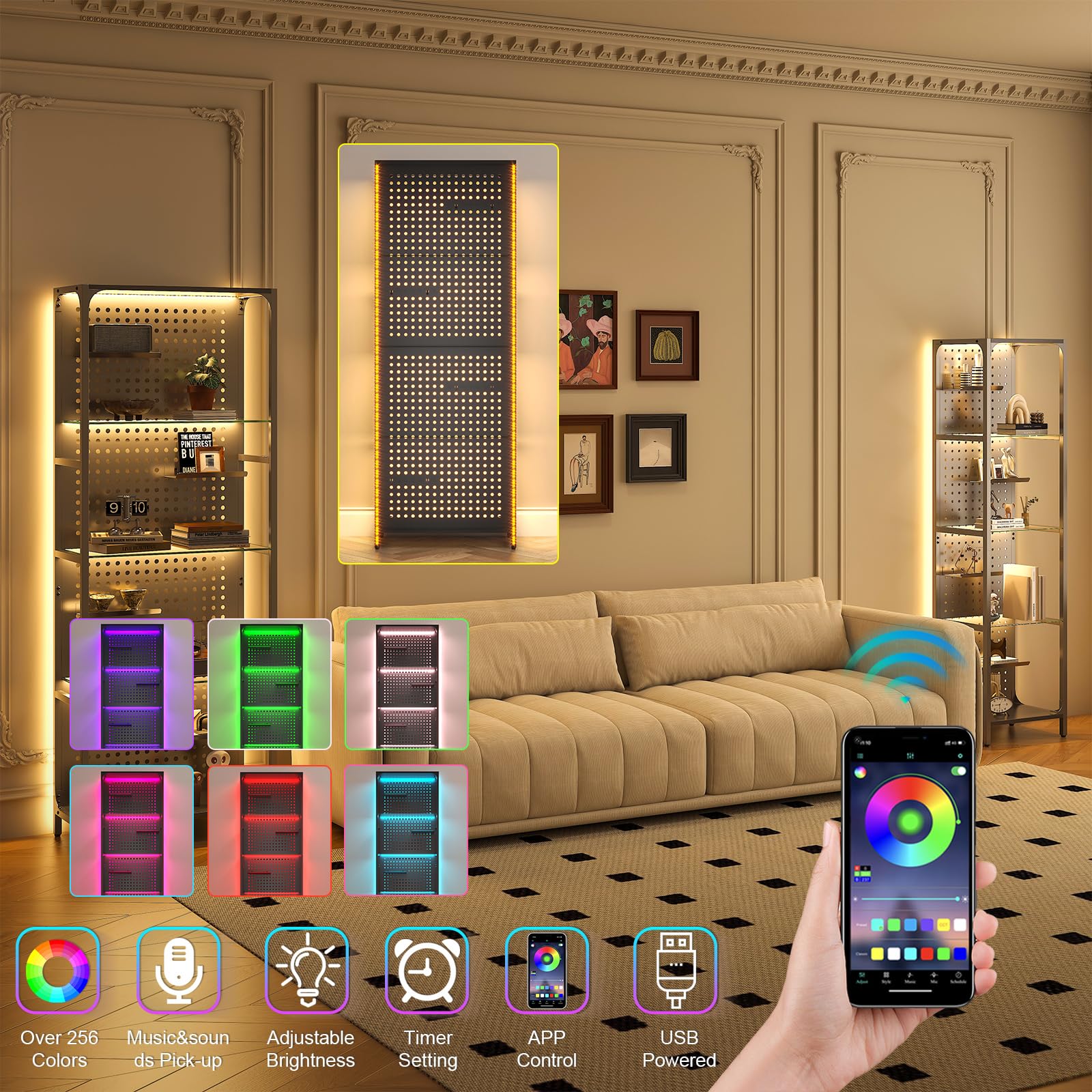 Saudism Glass Display Shelf For Collectibles, Led Black Narrow Shelf With Pegboard Steel Frame, Lighted Tall Curio Cabinet For G