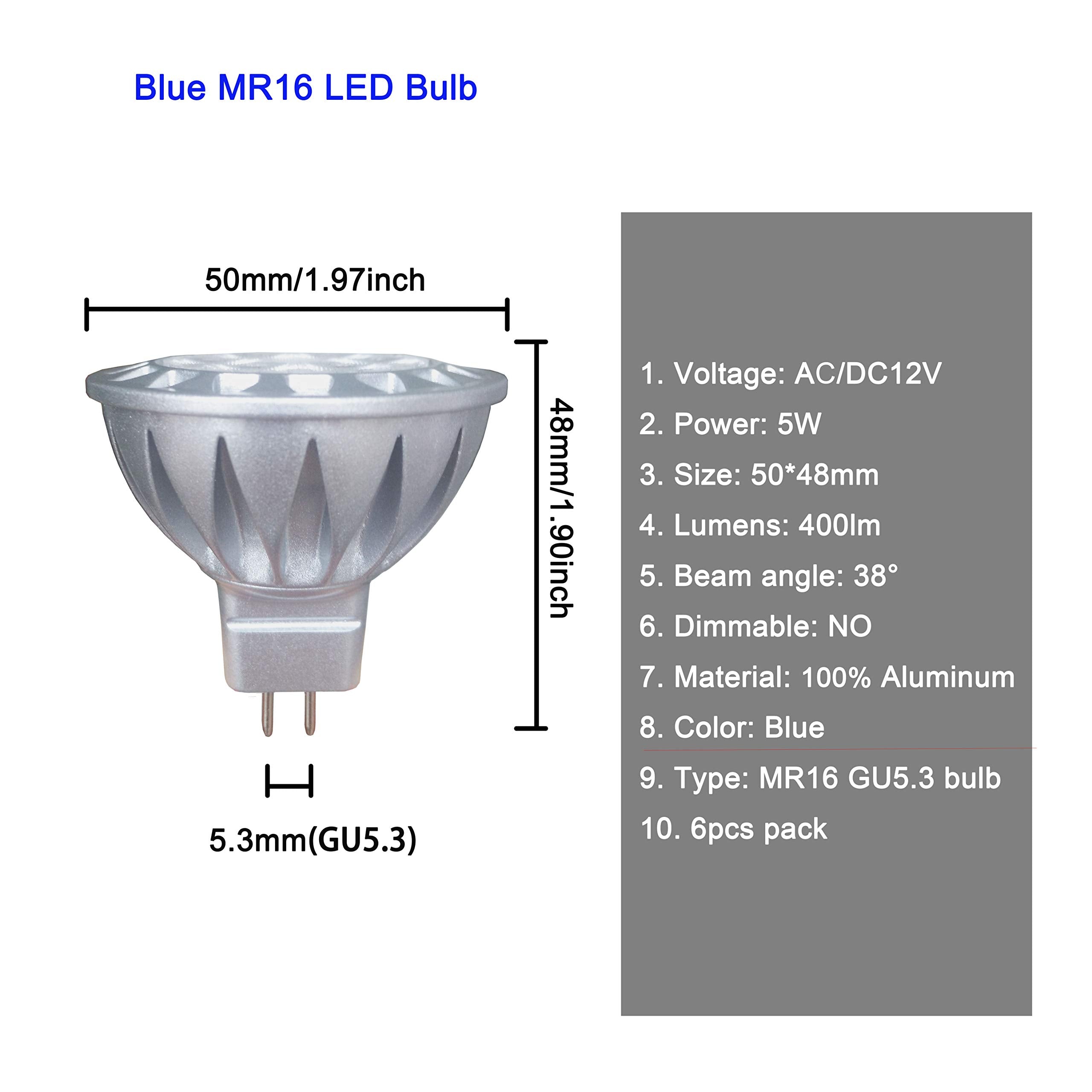 ALIDE MR16 Blue LED Bulbs 5W 12V Low Voltage Spotlights, 6 Count, Aluminum, Not Dimmable, Halogen Equivalent for Outdoor Lighting