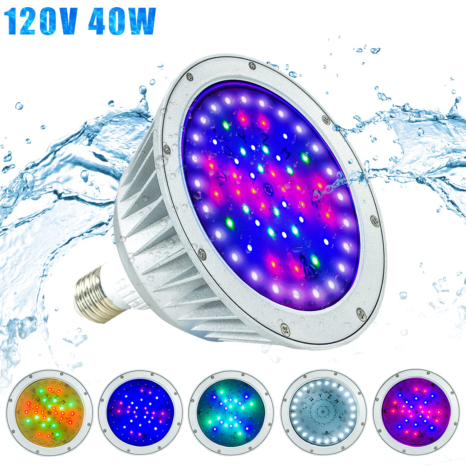 WYZM Waterproof 120V 40W RGBW LED Pool Light Bulb for Inground Pools, Aluminum, Red, Fits Pentair & Hayward Fixtures