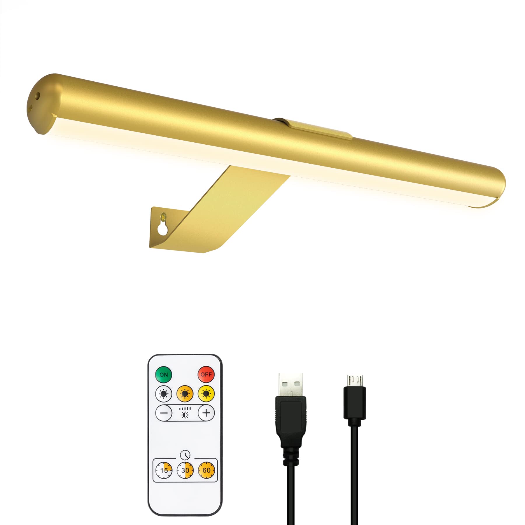 TINTINDOC Wireless Rechargeable Picture Light, 13'' Gold Aluminum Lamp with Remote Control, 300LM Dimmable Accent Light for Art Display