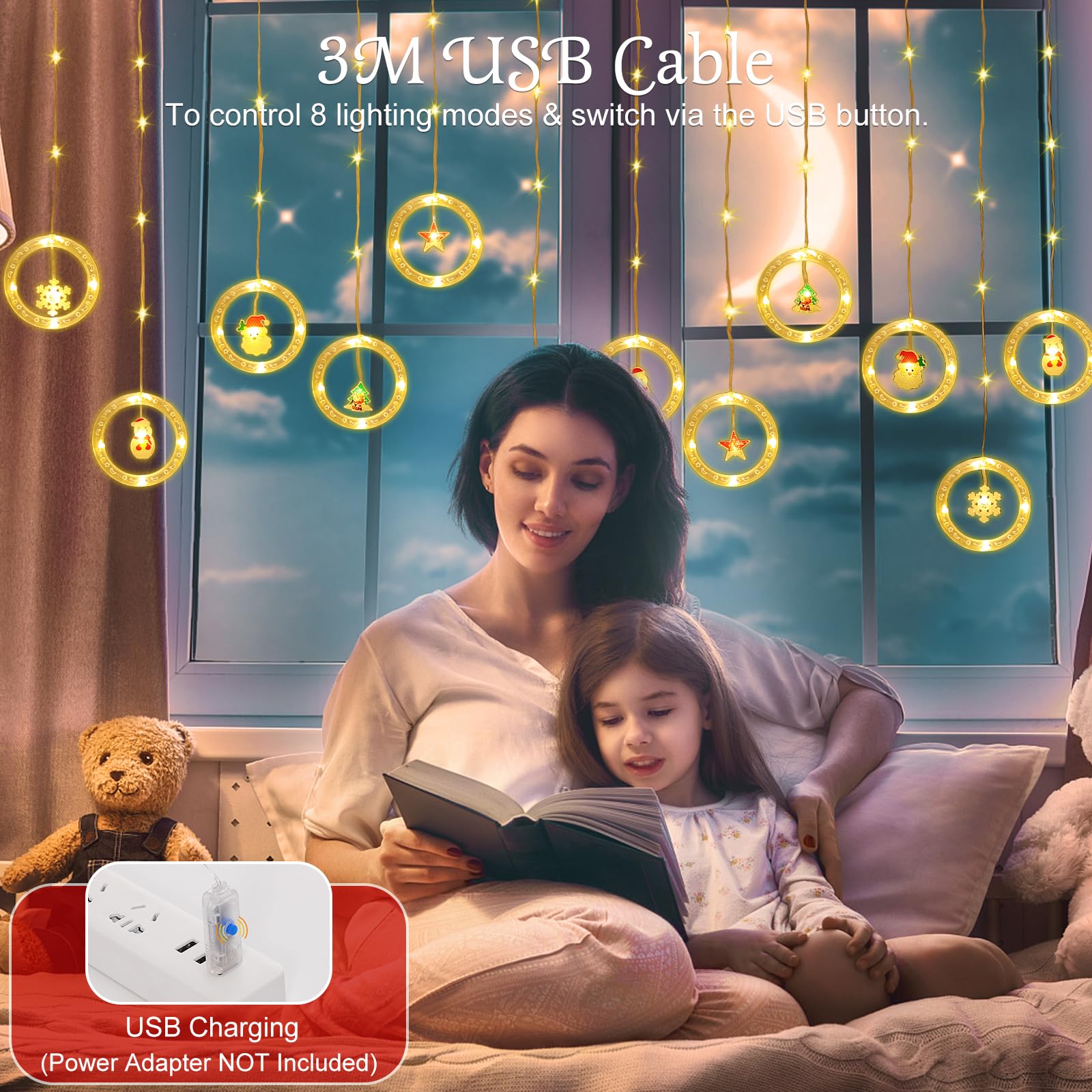 Lewondr 138 Led Christmas Curtain Lights, Santa Christmas Tree Star Heart Hanging Home Lights With 6H Timer & 8 Modes, Remote & Usb Powered Fairy Lights, Xmas Decor For Home Party Indoor, Warm Light