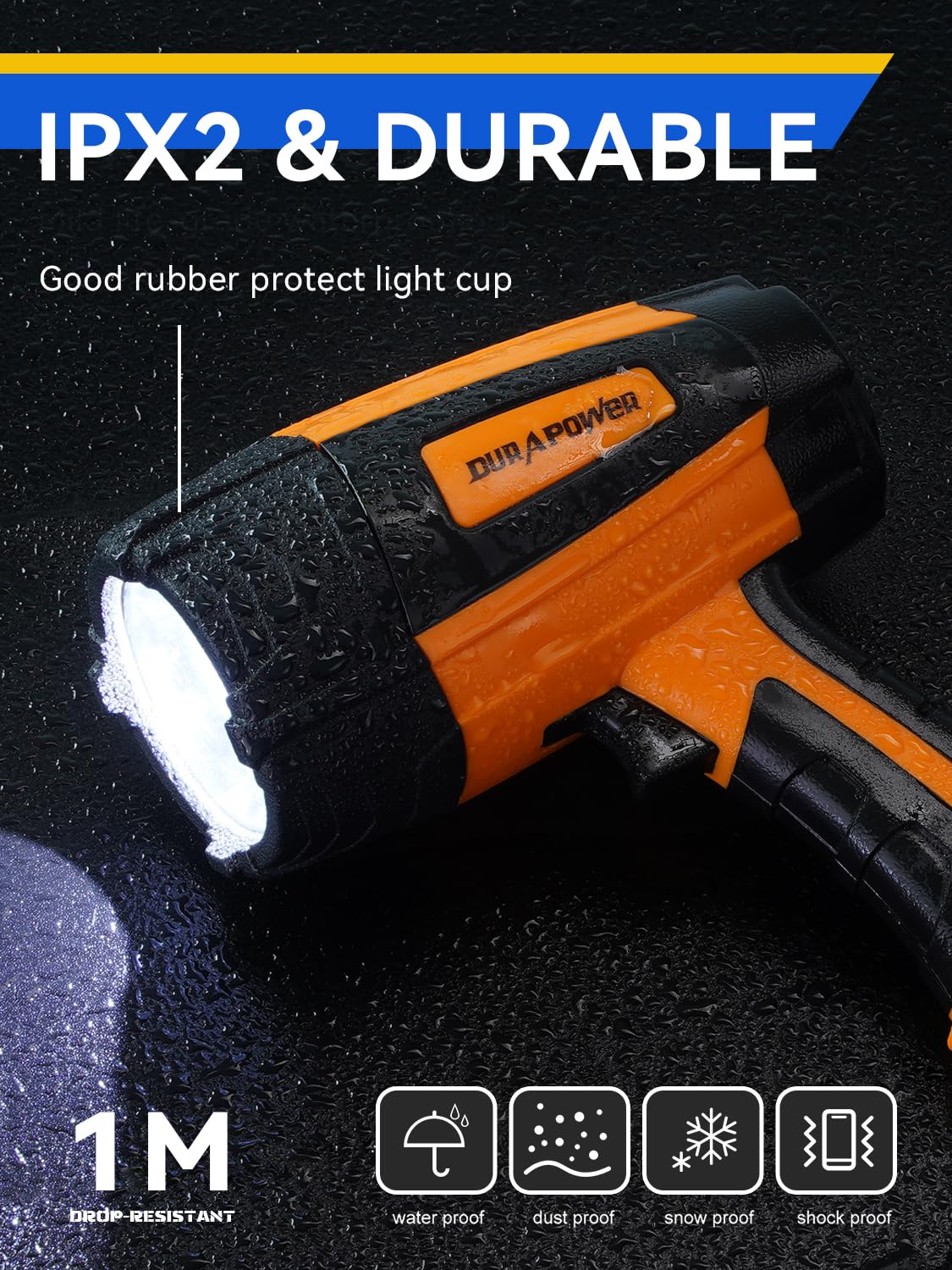 Durapower 60000 Lumens Rechargeable LED Spotlight, IP44 Waterproof, Handheld Flashlight, Orange, Model AM17-2203