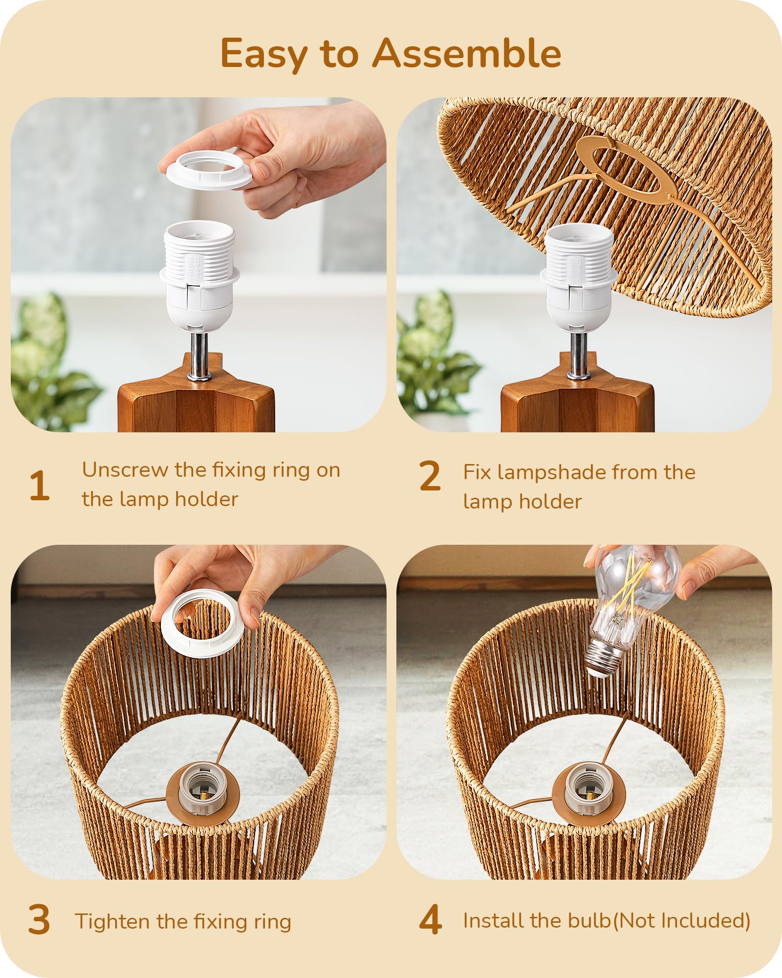EDISHINE 14.6 Rattan Table Lamp, Rose Wood Tripod Nightstand Lamp, Handwoven Paper Rope Shade, Small Bedside Lamp for Bedroom Li