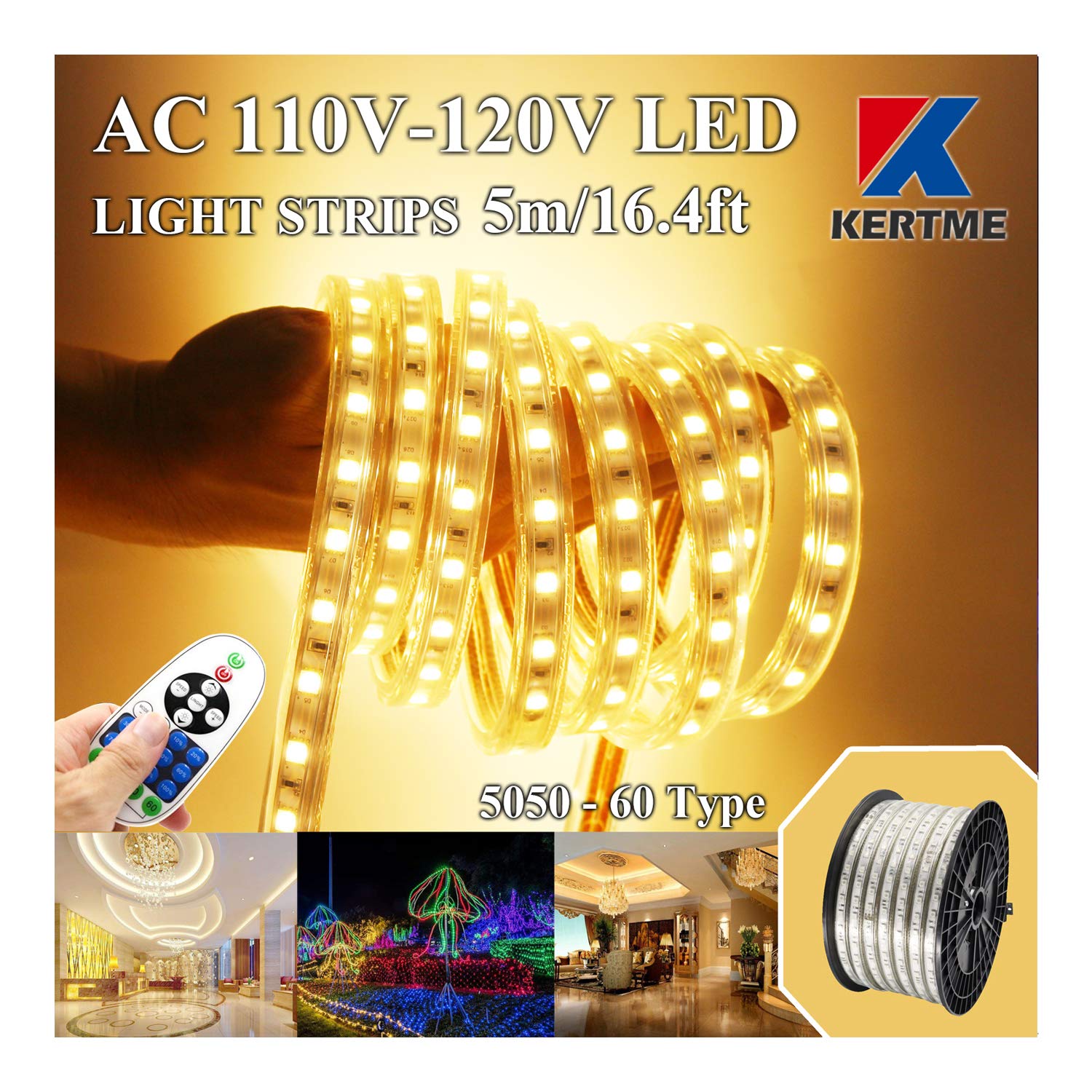 KERTME 5050-60 Type LED Strip Lights, Waterproof Dimmable, 5m/16.4ft, Warm White, Model 5050-WW-5M, with