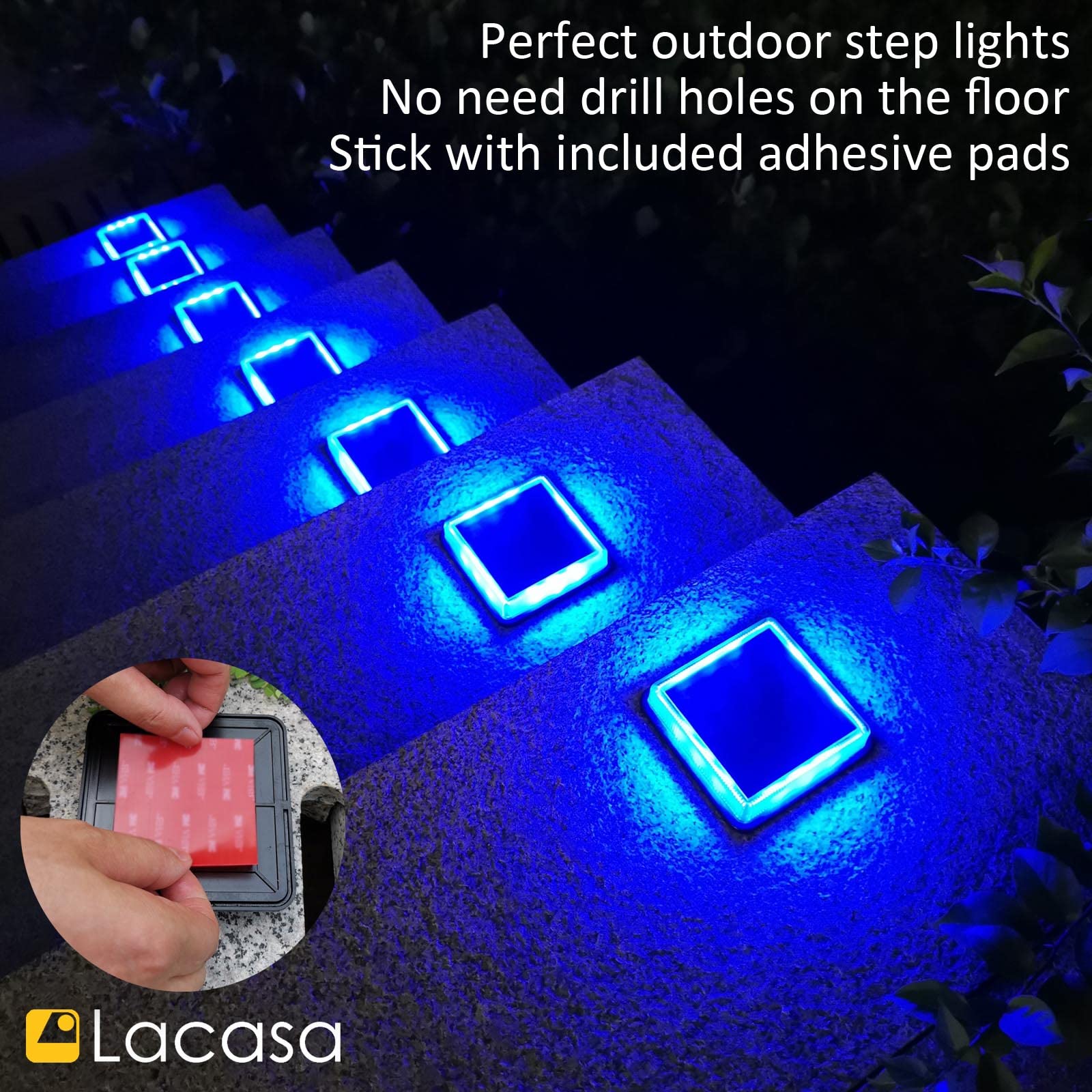 Lacasa Blue Solar Deck Lights 4 Pack - Dusk to Dawn Waterproof LED Step Lights for Garden, Driveway, Walkway, and Pathway