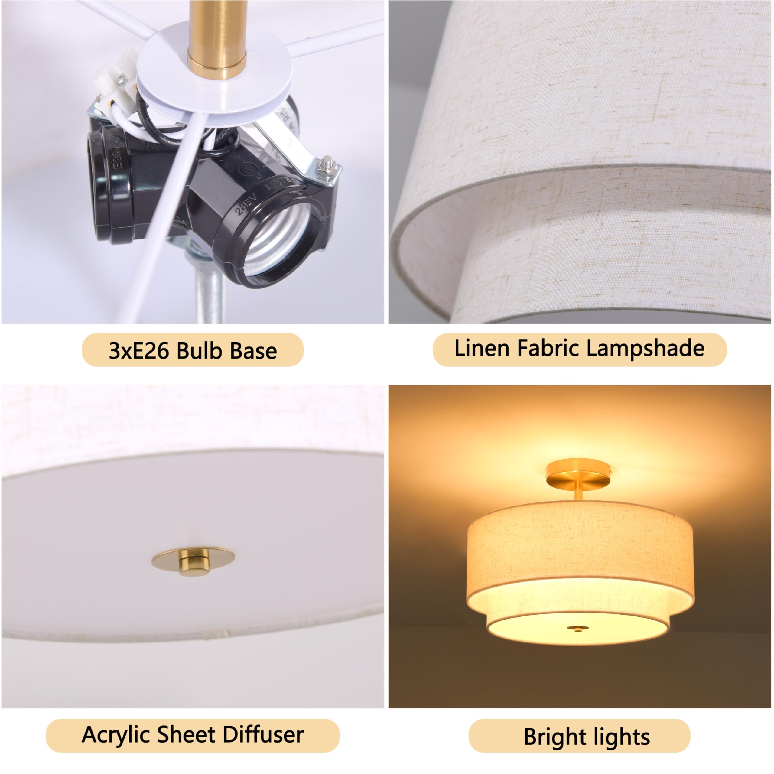 3 Light Semi Flush Mount Ceiling Light Fixture 15.7 Inch Modern Gold Drum Ceiling Light Fixture With 2-Layer Fabric Shade Dimmab