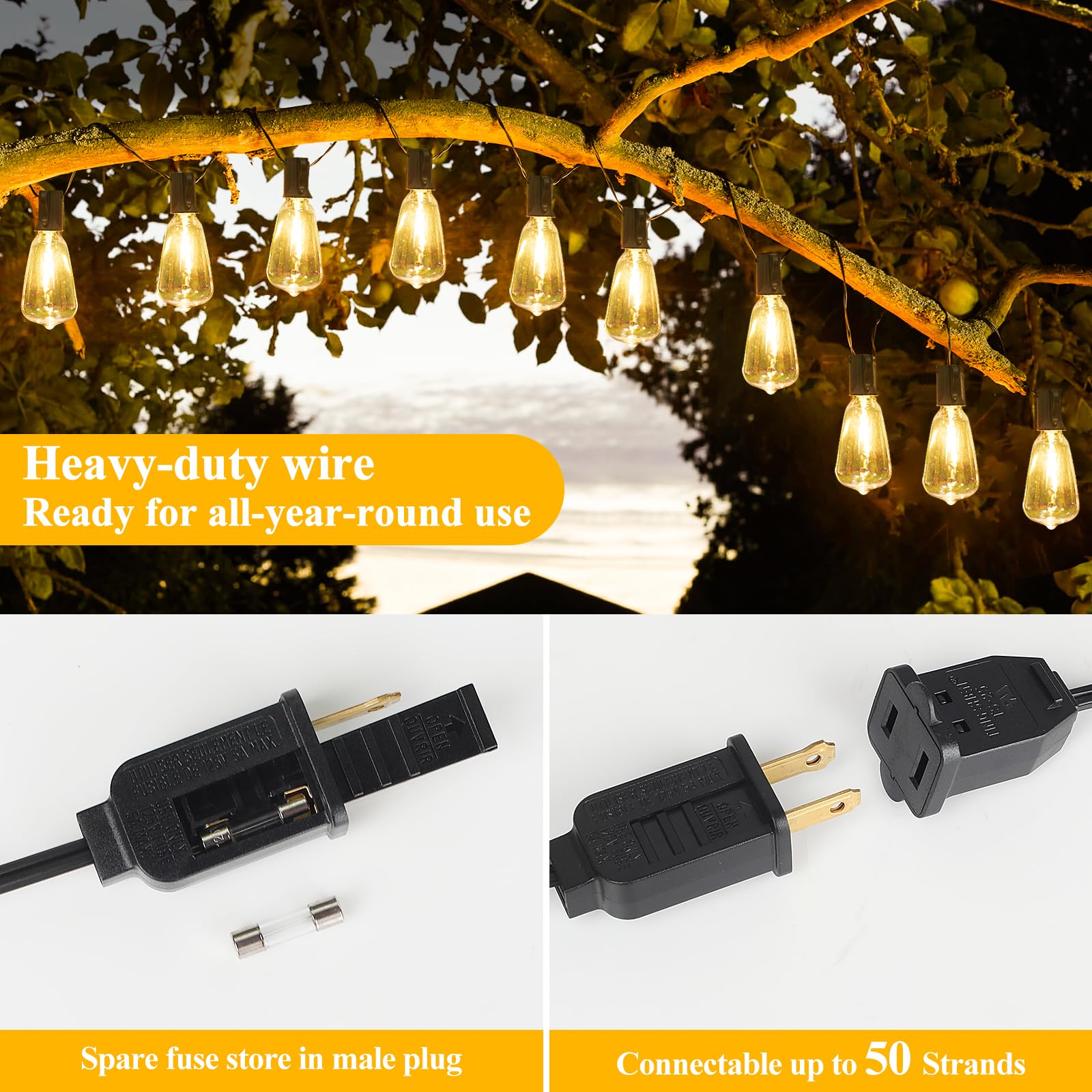 Brightever 30FT LED Outdoor String Lights with 16 Shatterproof Bulbs, Black Wire, Warm White, Model CMC-O151