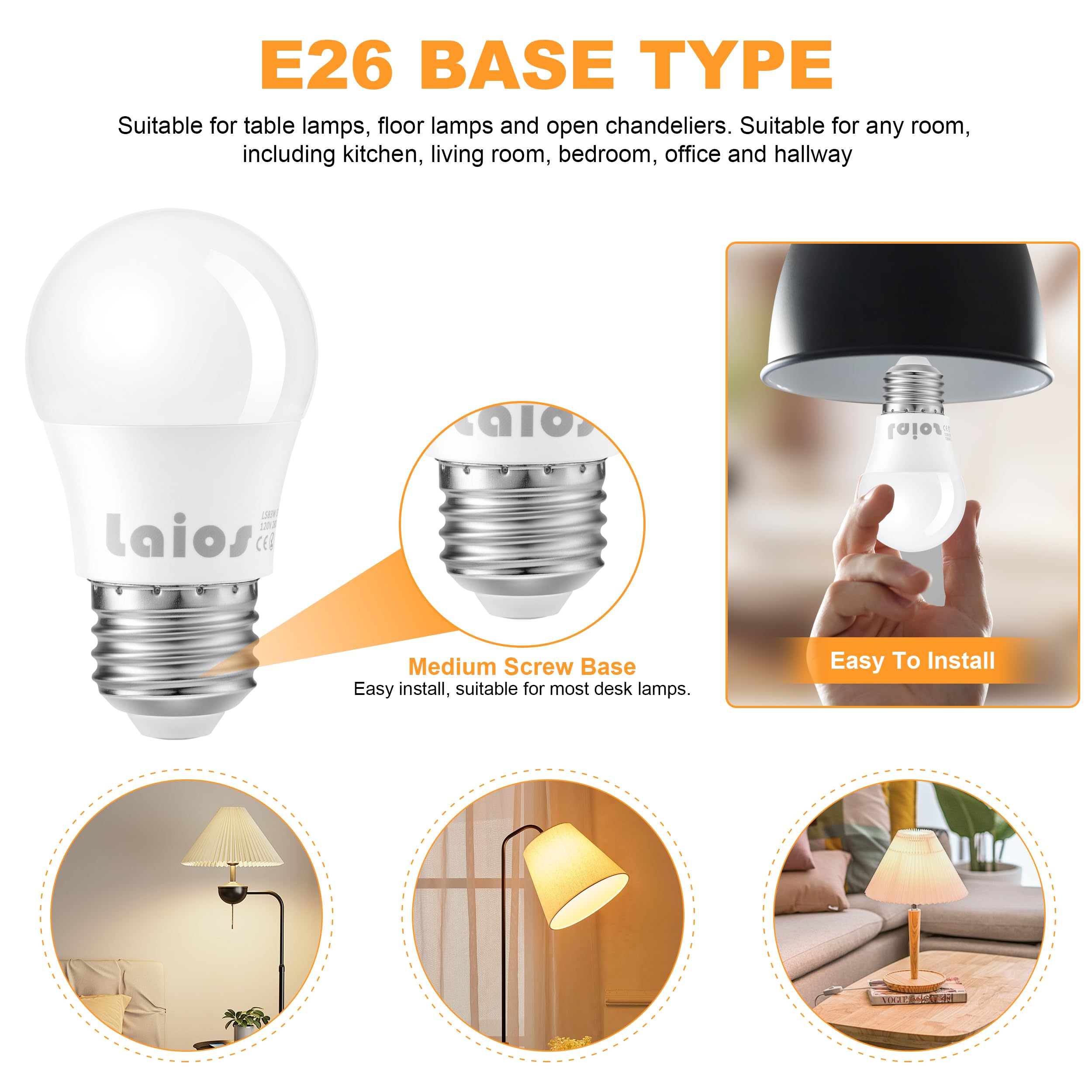 Laios E26 Led Light Bulb A15 Shape, 3W Replace 30W, 300Lm, Daylight 5000K, 120V Medium Screw Light Bulb, Pack Of 6, Non Dimmable