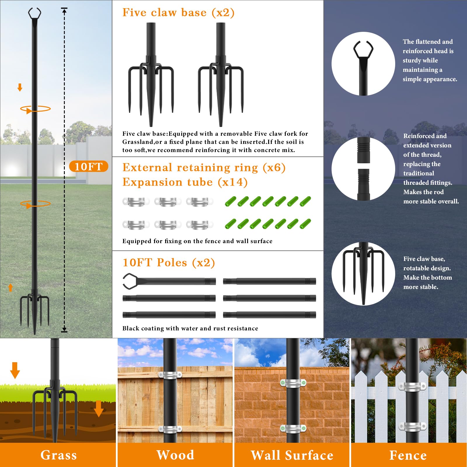 Mutovlin 10 Ft Metal String Light Poles, 2 Pack With Fork For Outdoor Patio And Backyard
