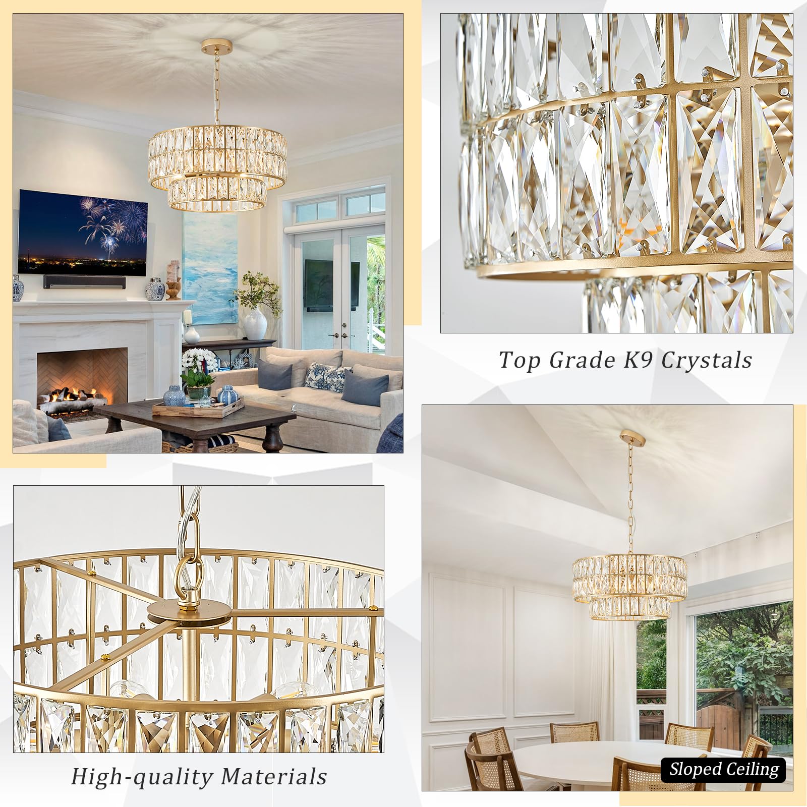 Catiner Gold Crystal Chandelier Modern 18" Round Semi Flush Mount Ceiling Light For Dining Living Room Bedroom & Foyer - Large Round Pendant Fixture
