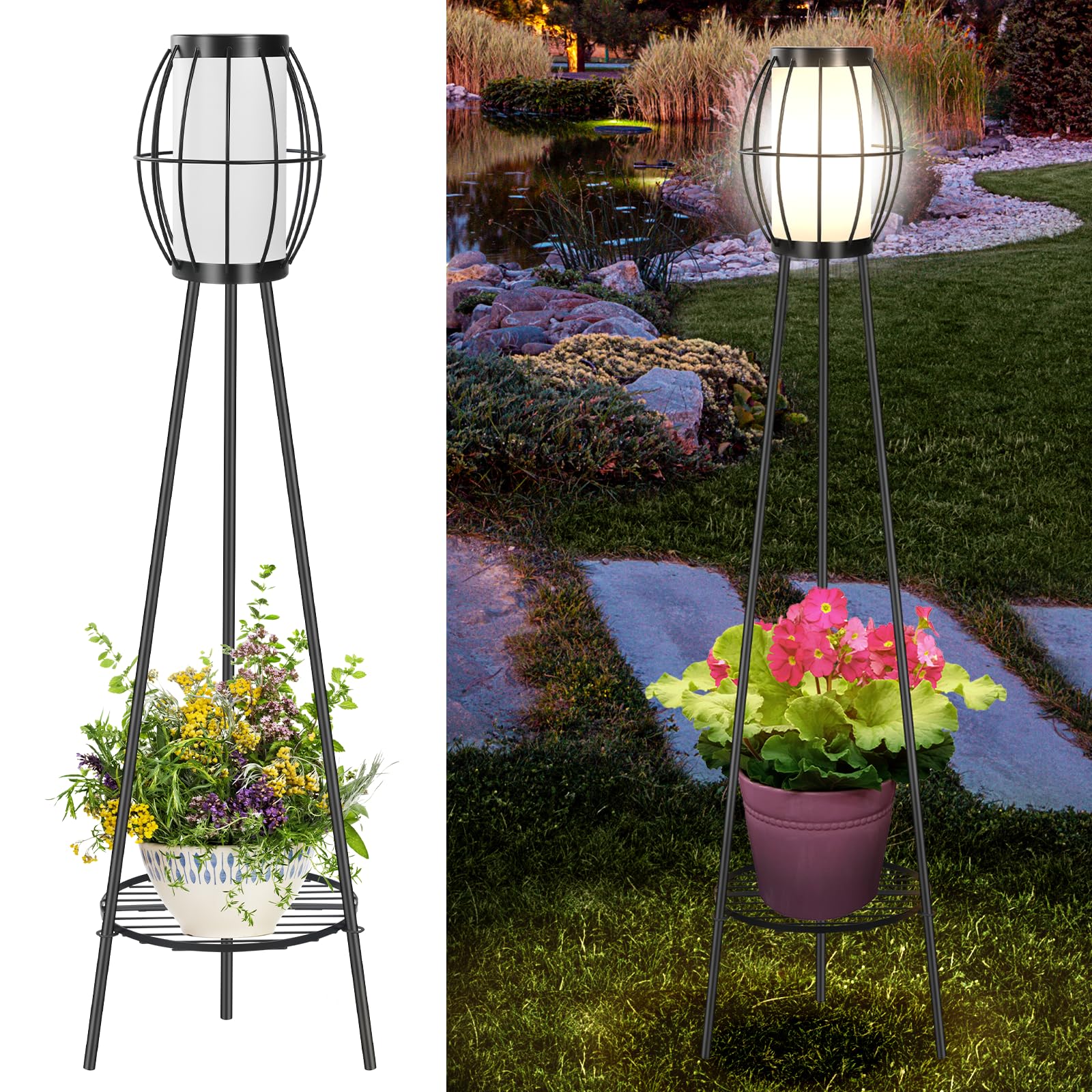 Outdoor Solar Lights With Plant Stands, 37'' Metal Solar Powered Outdoor Floor Lamp Waterproof Auto On/Off, Outdoor Floor Lamps 