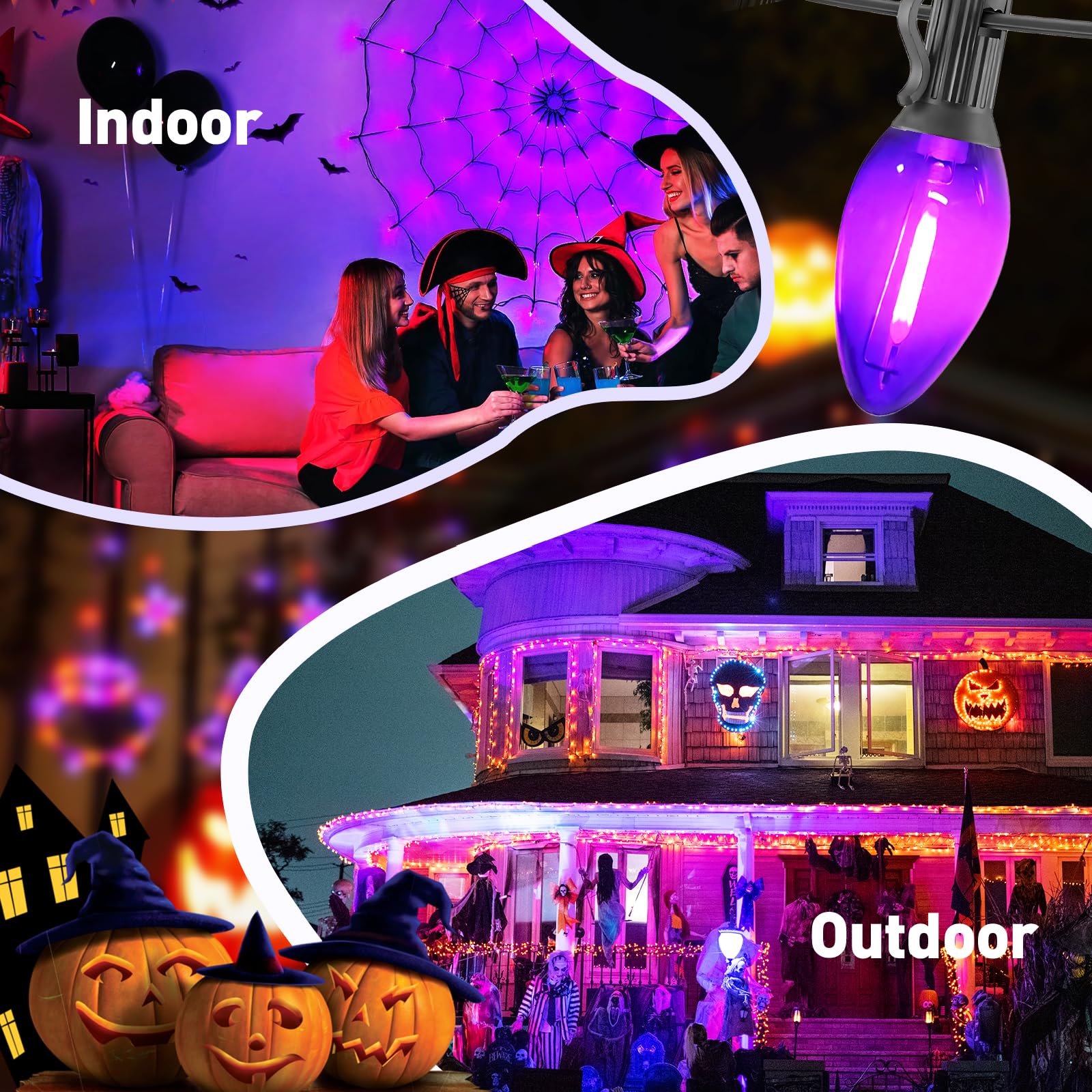 CHYSUPER Purple String Lights, 10FT Outdoor Vintage Christmas Lights, 11 LED Bulbs, Black Wire, Model ULP(7)-GE(10)(0.6W)