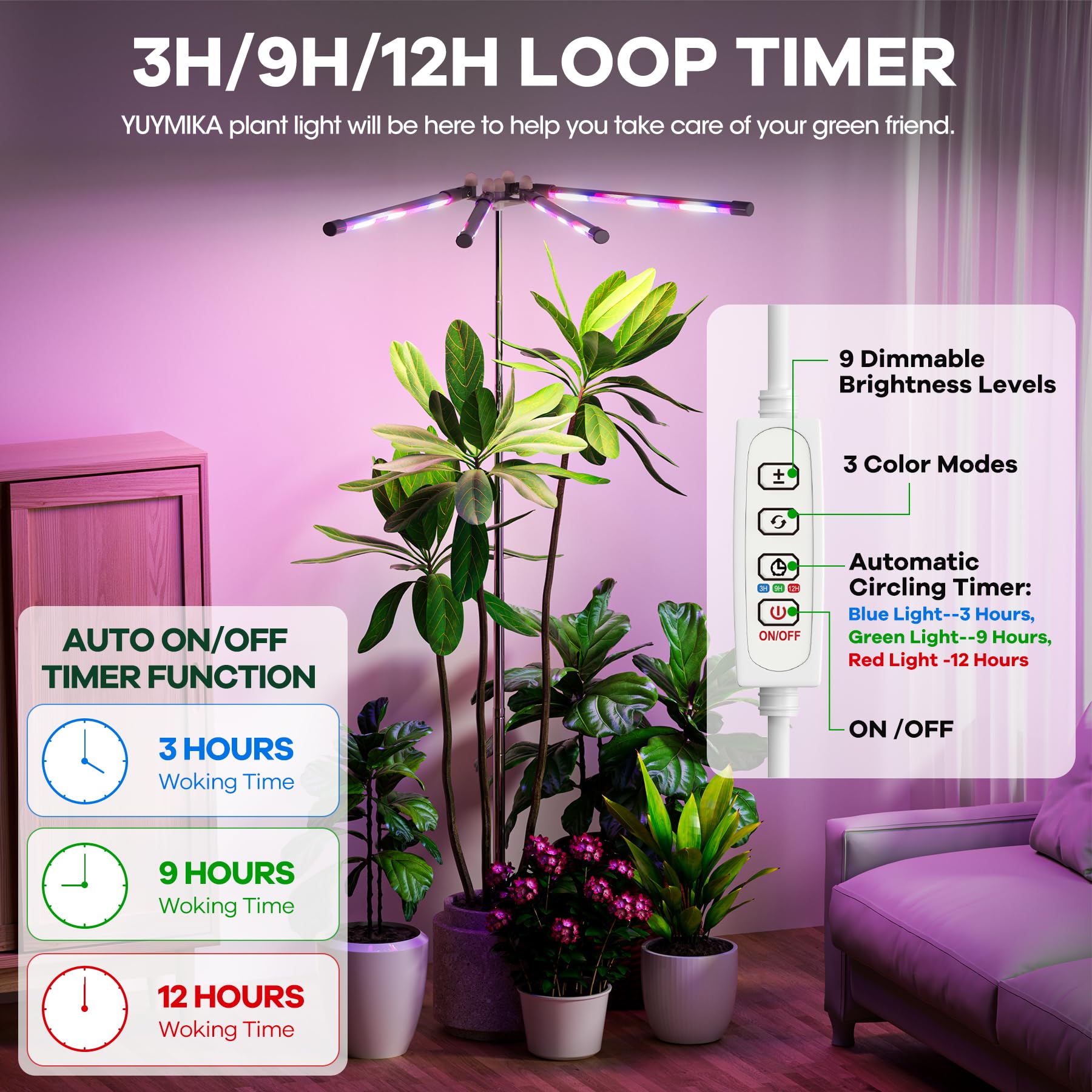 Yuymika Plant Grow Light With 4 Adjustable Light Strips- 96Led Grow Light For Indoor Plants With Full Spectrum Mode, 11.8~59 Inch Height Adjustable And 3/9/12H Timer, 5V3A Us Plug Included