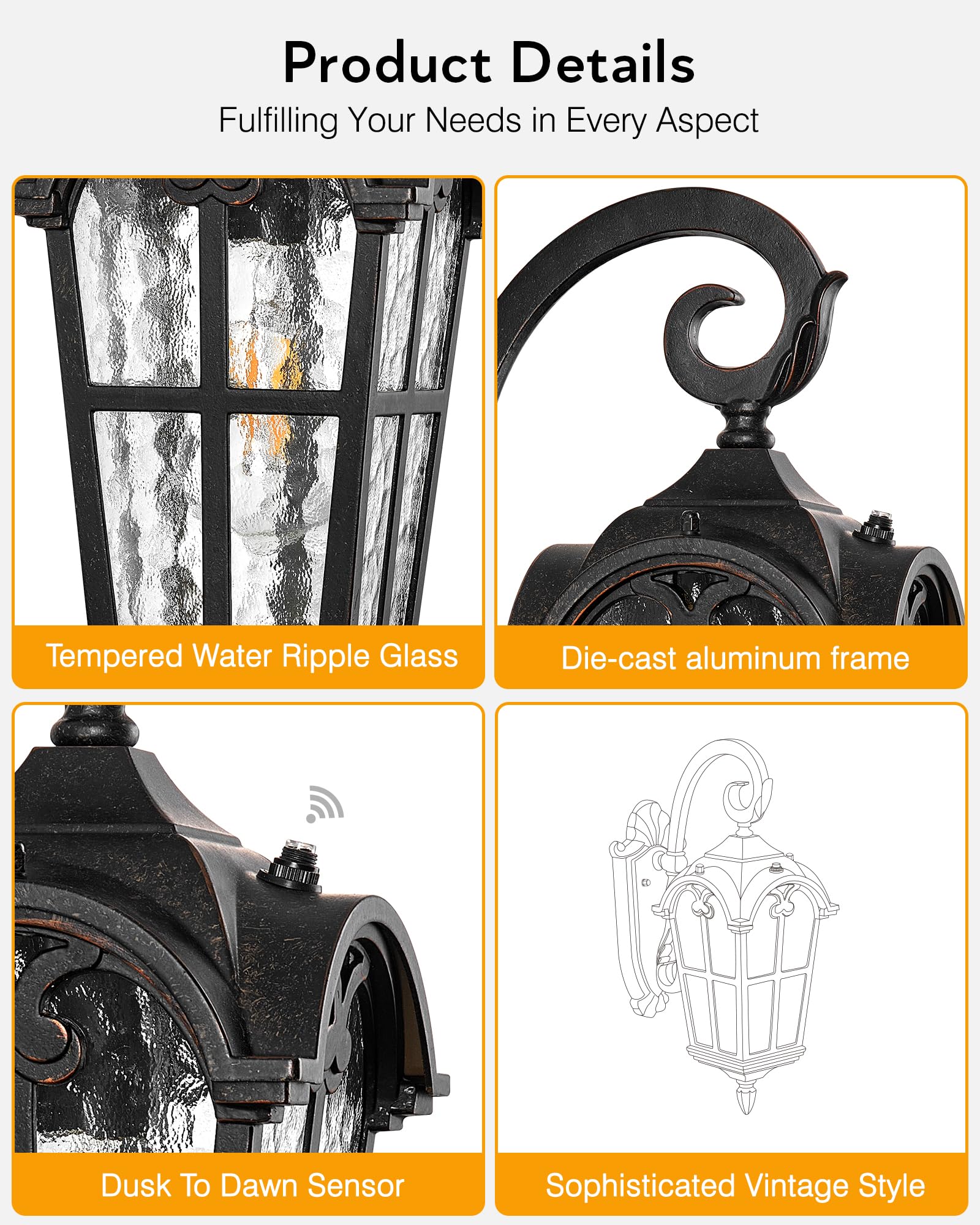 VIANIS Dusk to Dawn Outdoor Lighting, 2-Pack Aluminum Porch Lights, Vintage ORB, Model V8113D, Oil Rubbed Bronze Finish