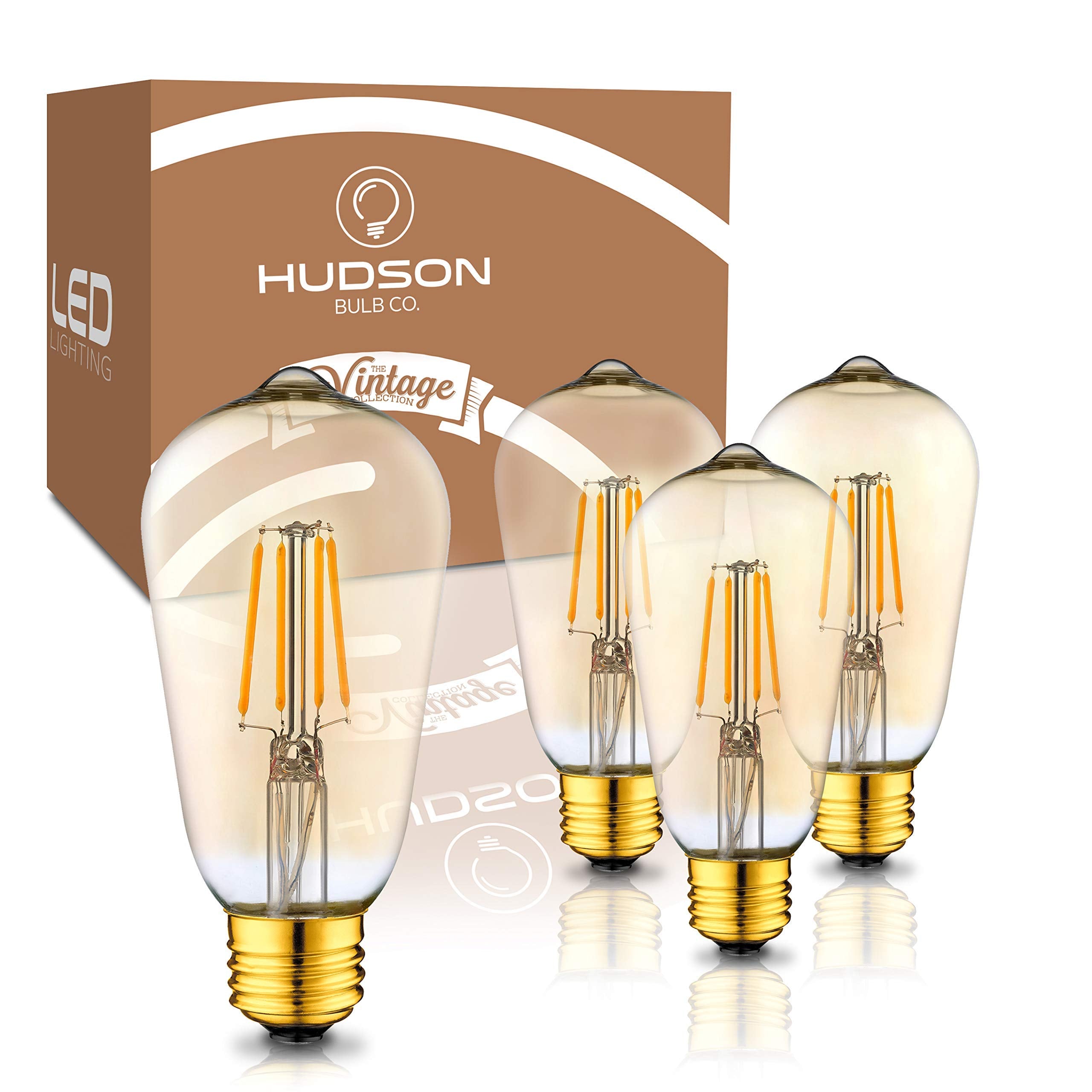 Hudson Vintage LED Edison 4W Bulbs (4-Pack) - 2200K Dimmable Warm Illumination (40W Equivalent) - E26/27 Amber-Gold Tint Glass -