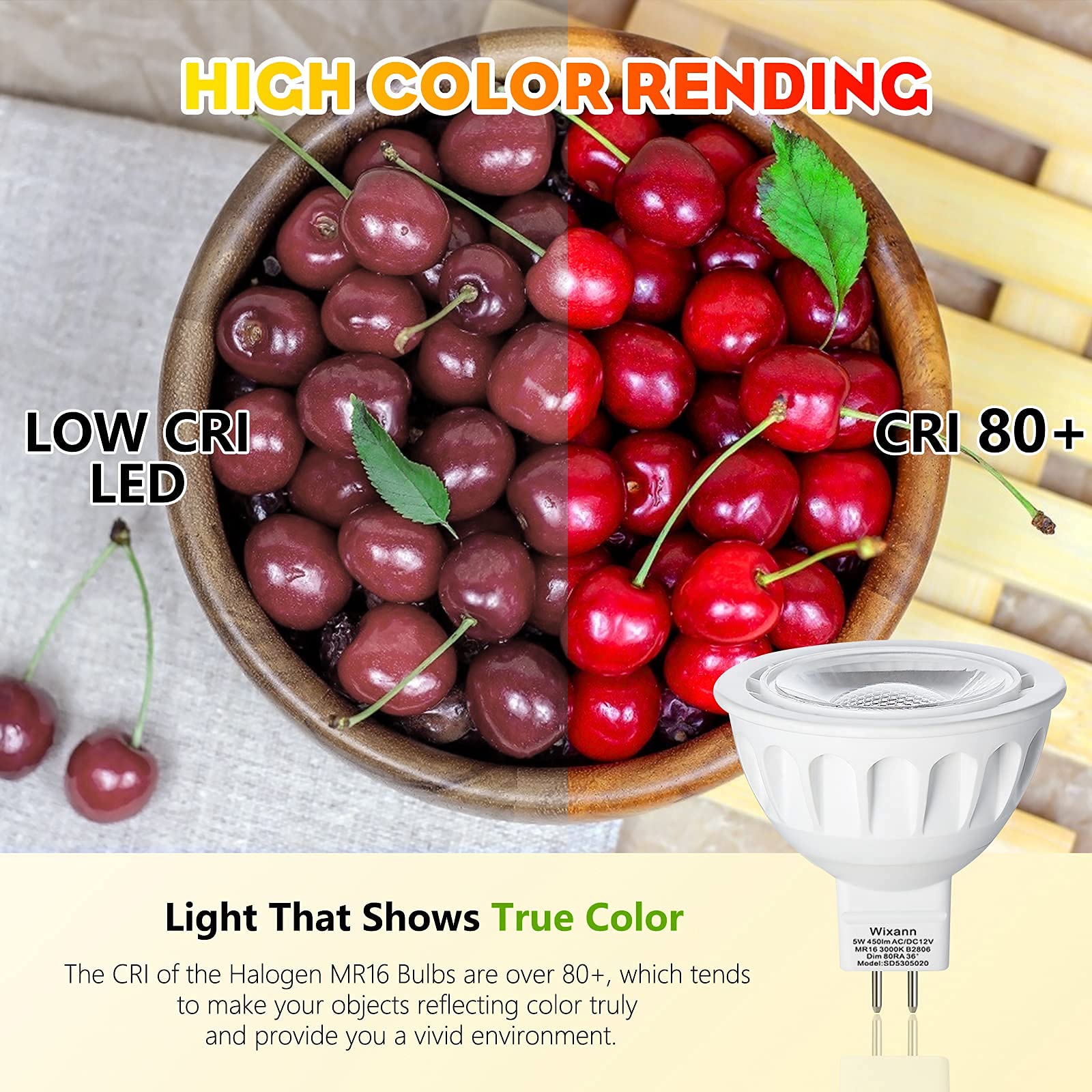 Wixann Mr16 Led Bulb 5W 12V 3000K Soft Warm White Gu5.3 Bi-Pin Base 10 Pack - Not Dimmable, 450Lm