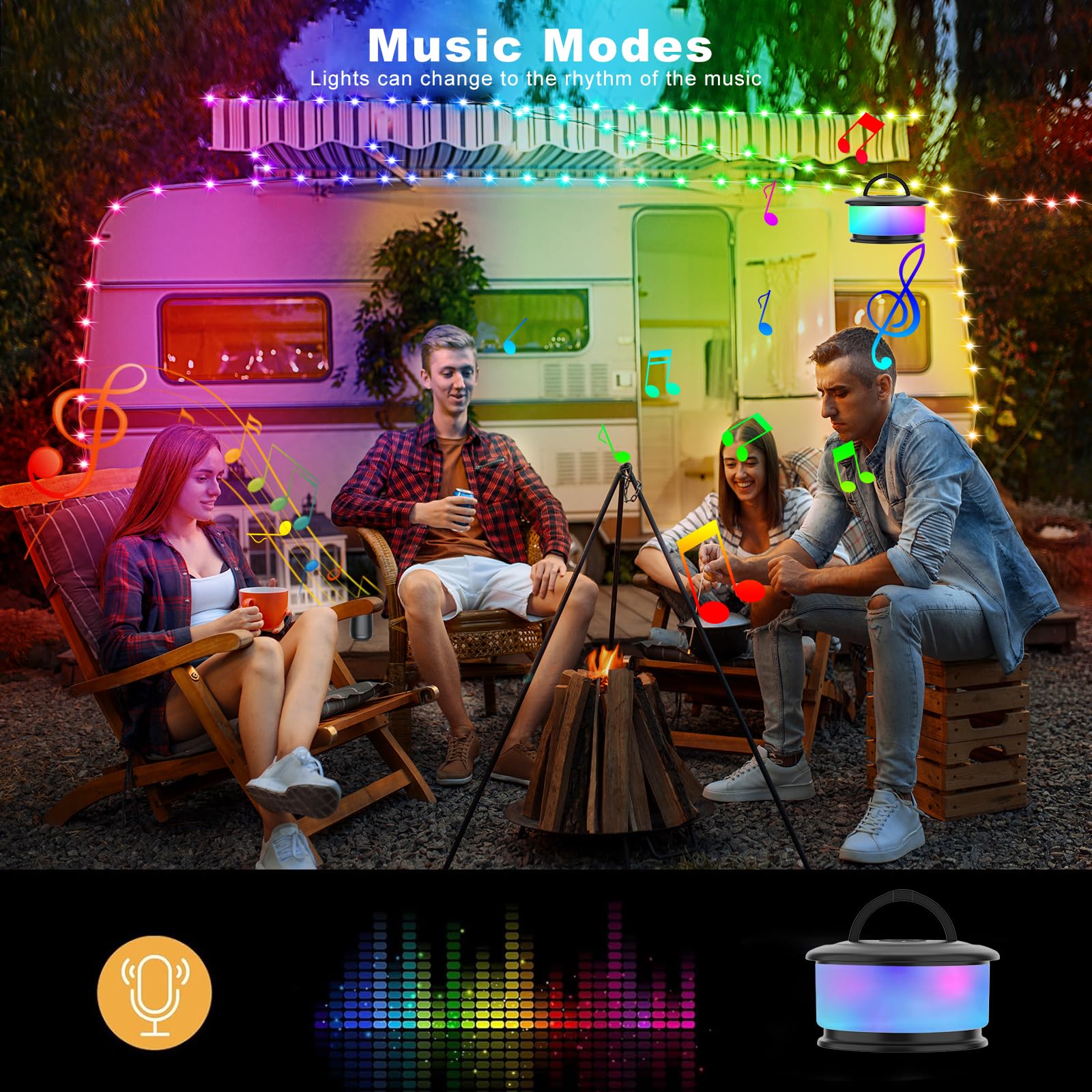 Camping String Lights, Retractable String Lights Camping with 19 Lighting Modes, 32.8 FT Outdoor Rechargeable String Lights, Por