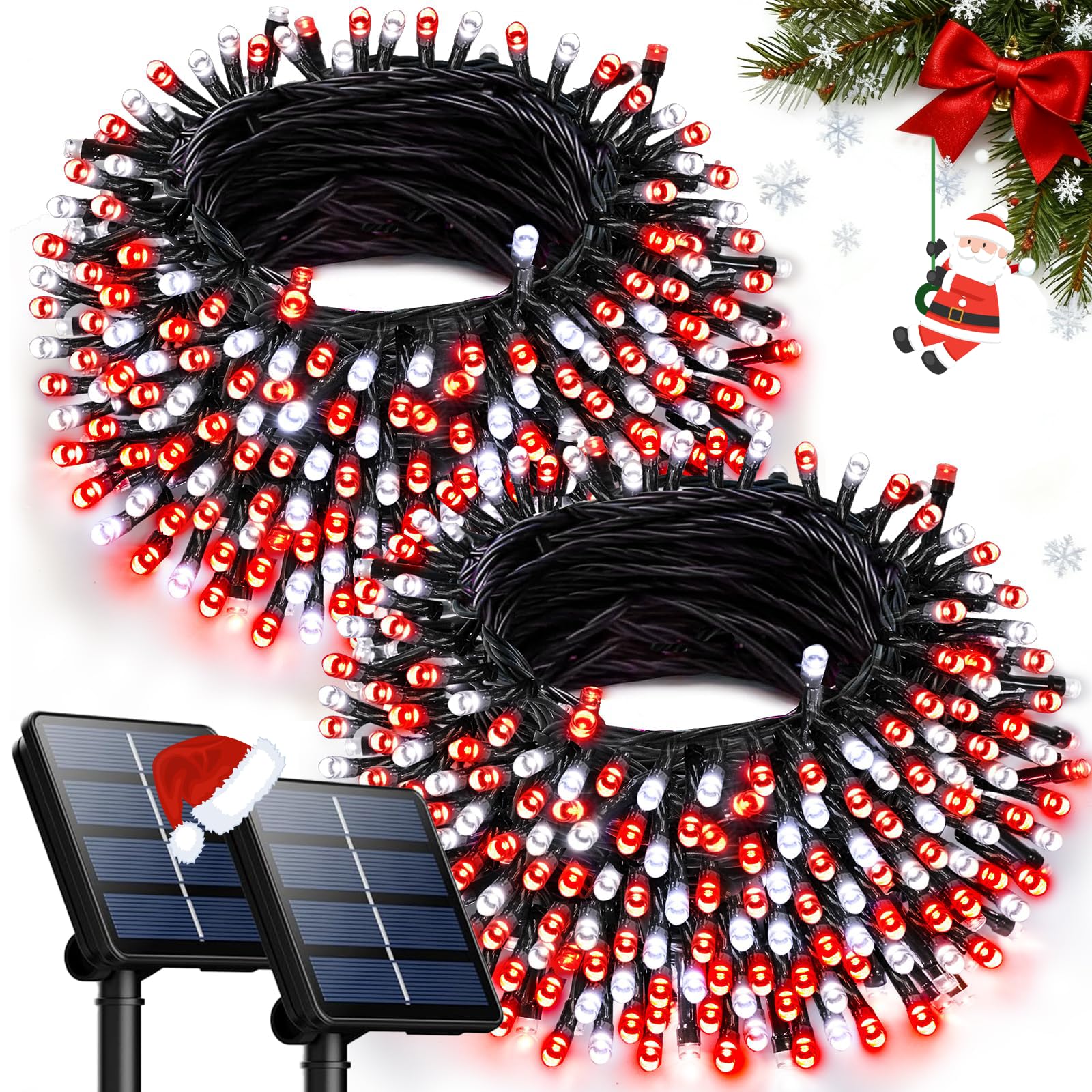 Ozs 2Pk 240Led Solar String Lights Outdoor Waterproof | Solar Christmas Tree Lights With 8 Lighting Modes Solar Light Outdoor For Xmas Party Garden Tree Christmas Decorations (Red&Cool White)