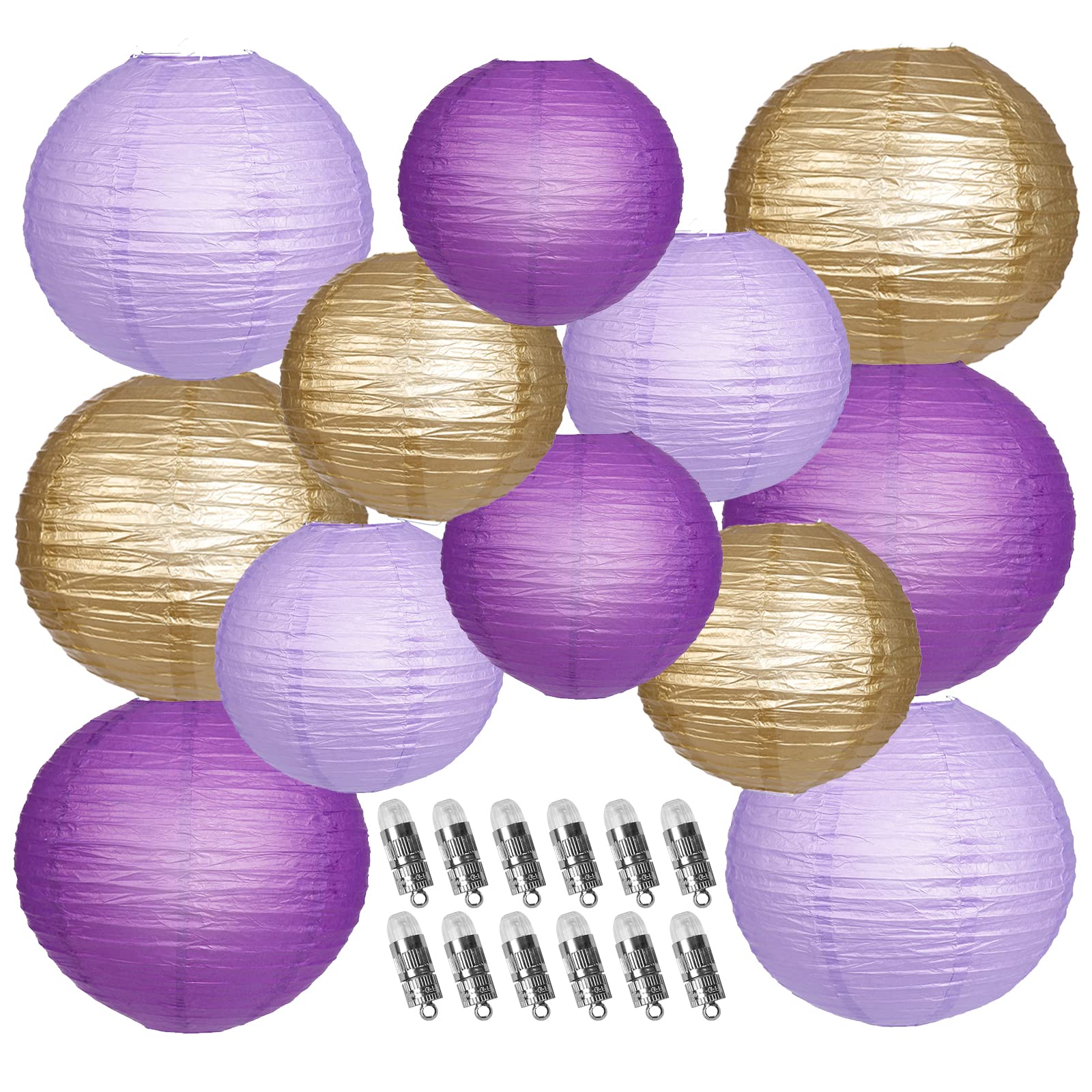 Yunxuan Paper Lanterns Decorative, Purple Lavender Gold Hanging Round Chinese Lanterns With Lights For Graduation Bachelorette T